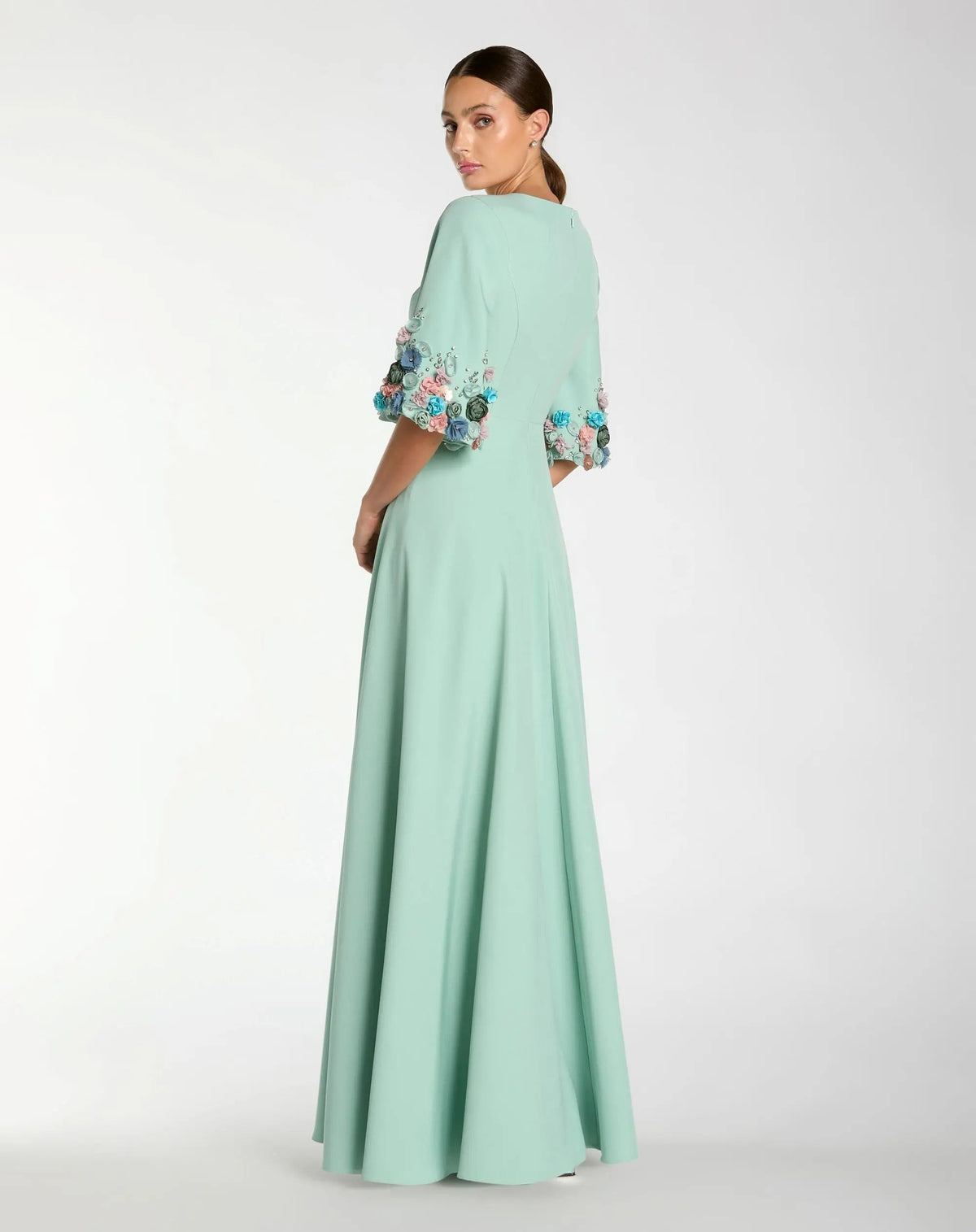 Green Crepe 3/4 Sleeve A-line Gown With Flower Trim