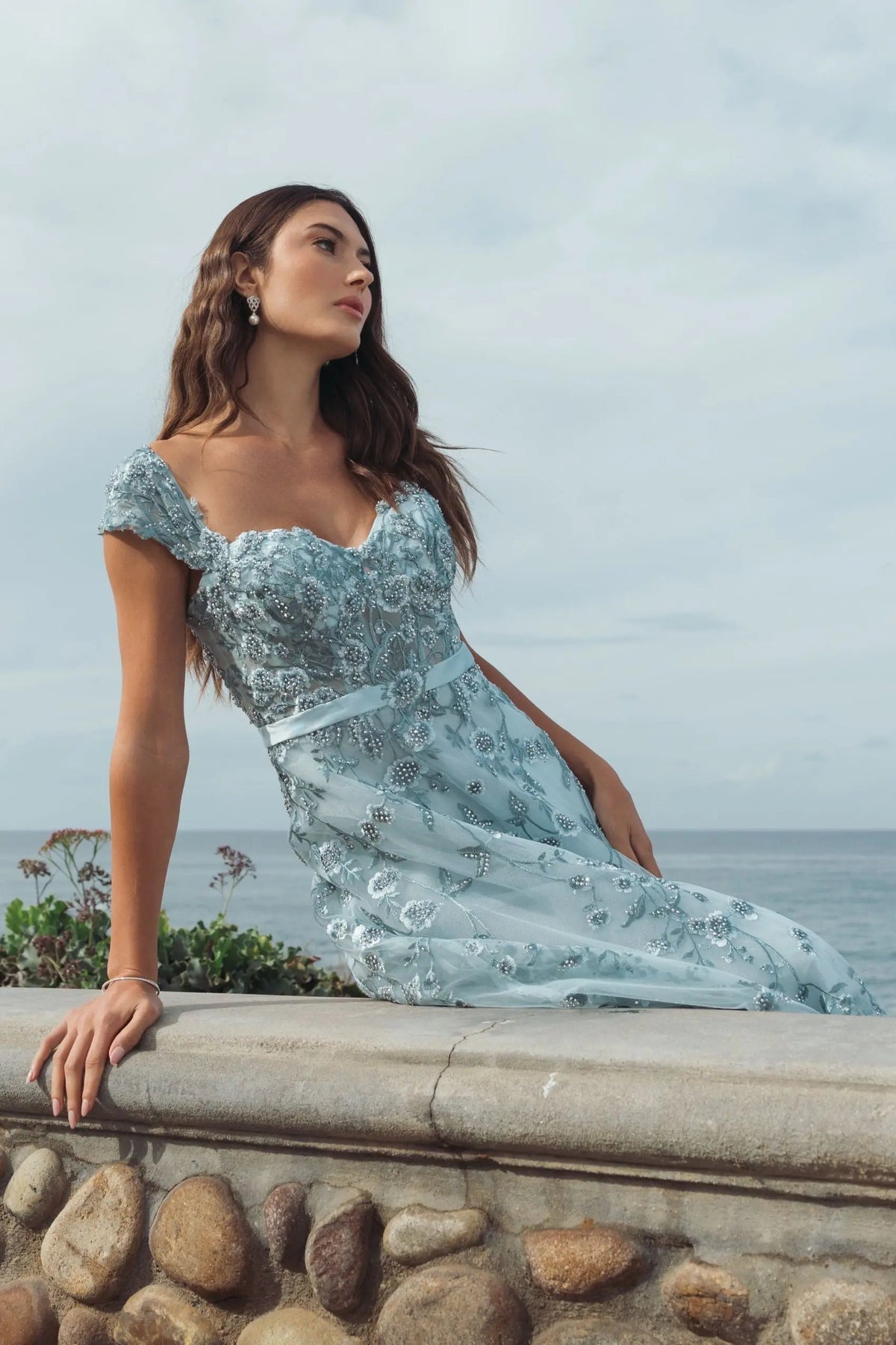 Blue Floral Embroidered Sweetheart Neckline Midi Dress