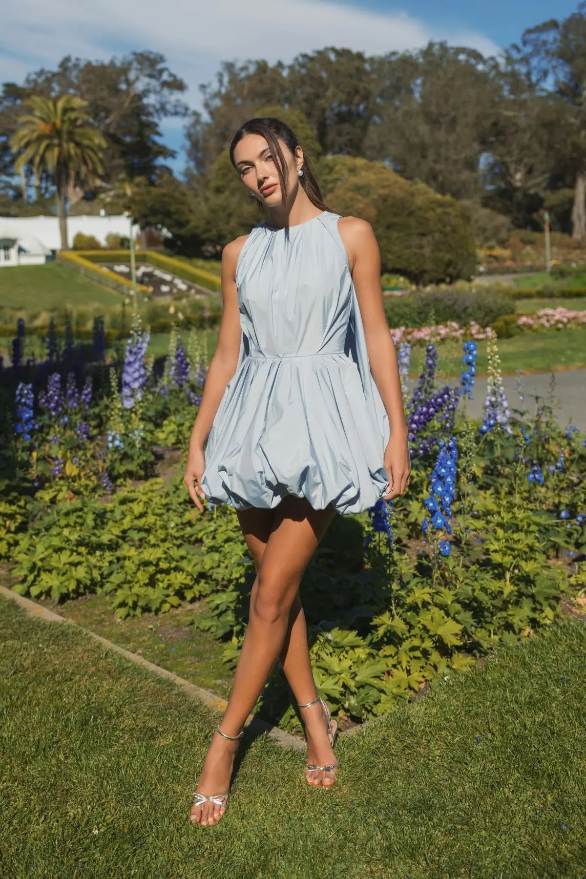 Blue Sleeveless Taffeta Bubble Mini Dress