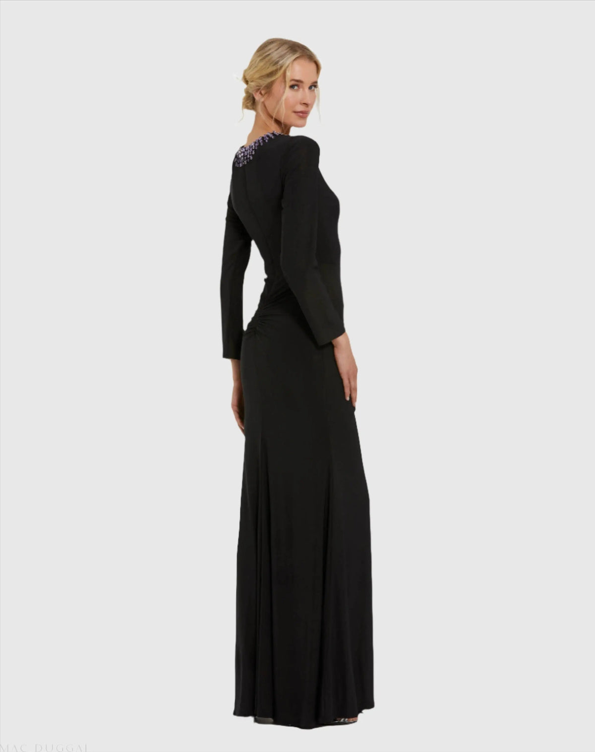 Black Long Sleeve Jersey Ruched Gown With Beaded Neck