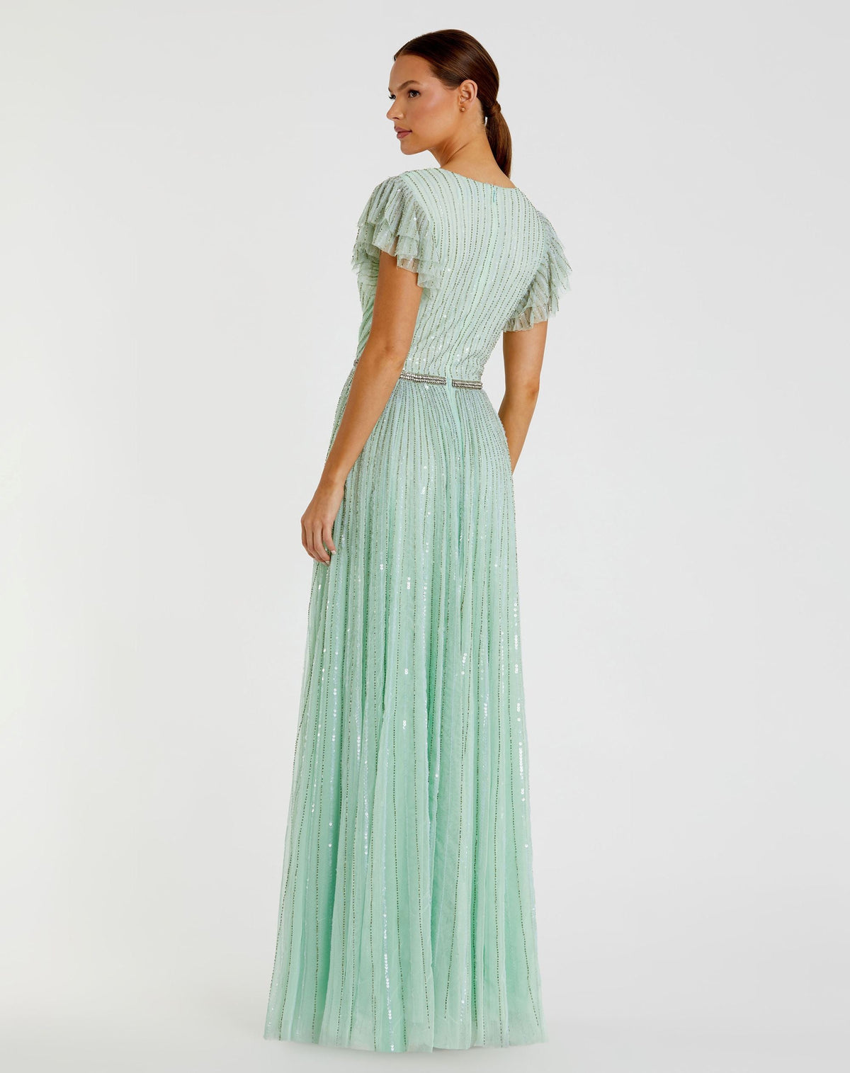 Green Sequined Wrap Over Ruffled Cap Sleeve Gown - FINAL SALE