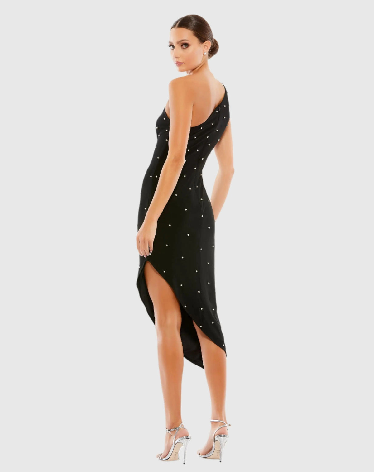Black Rhinestone One Shoulder Asymmetrical Midi Dress