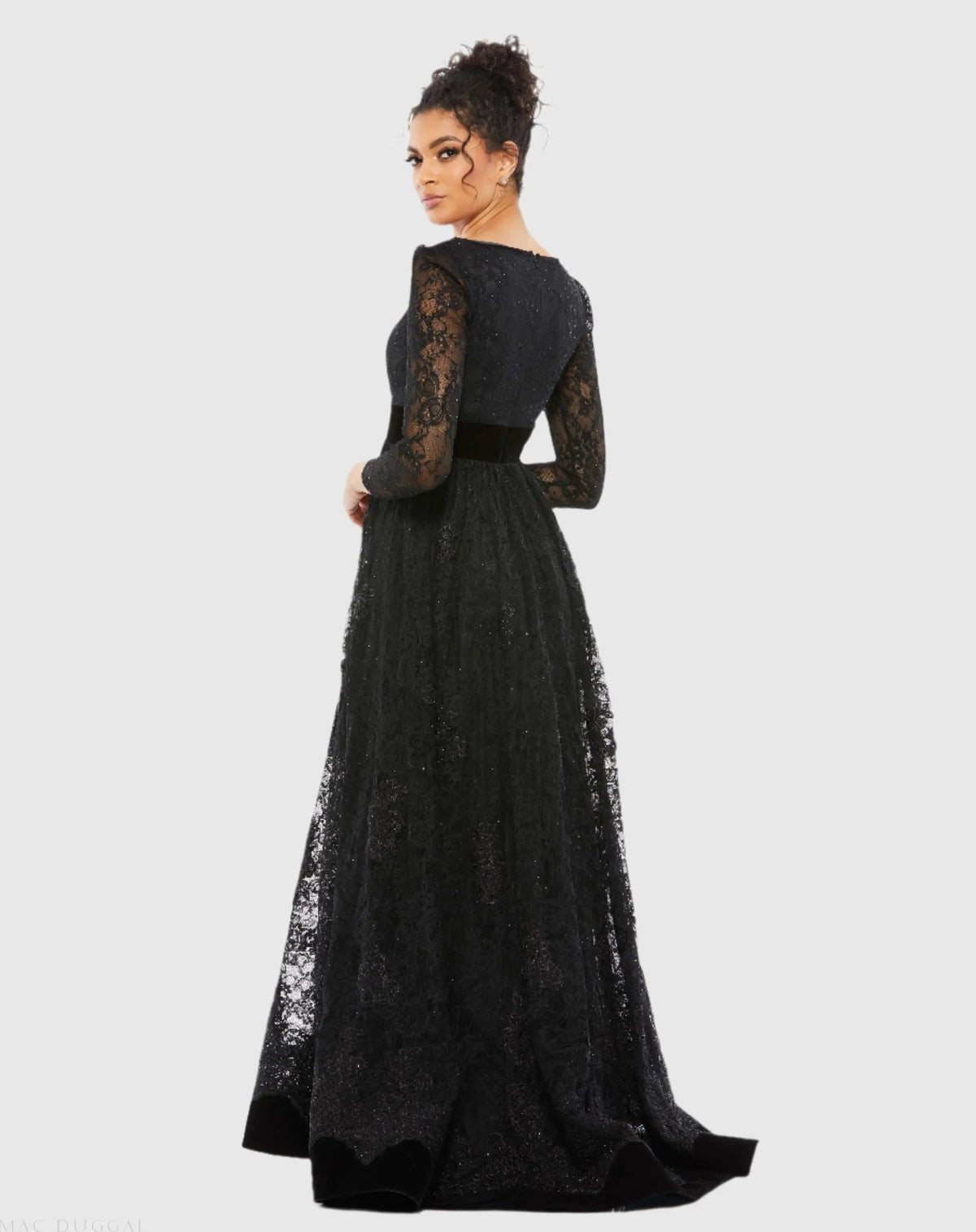 Black Lace Long Sleeve V-Neck Wrap Over Gown