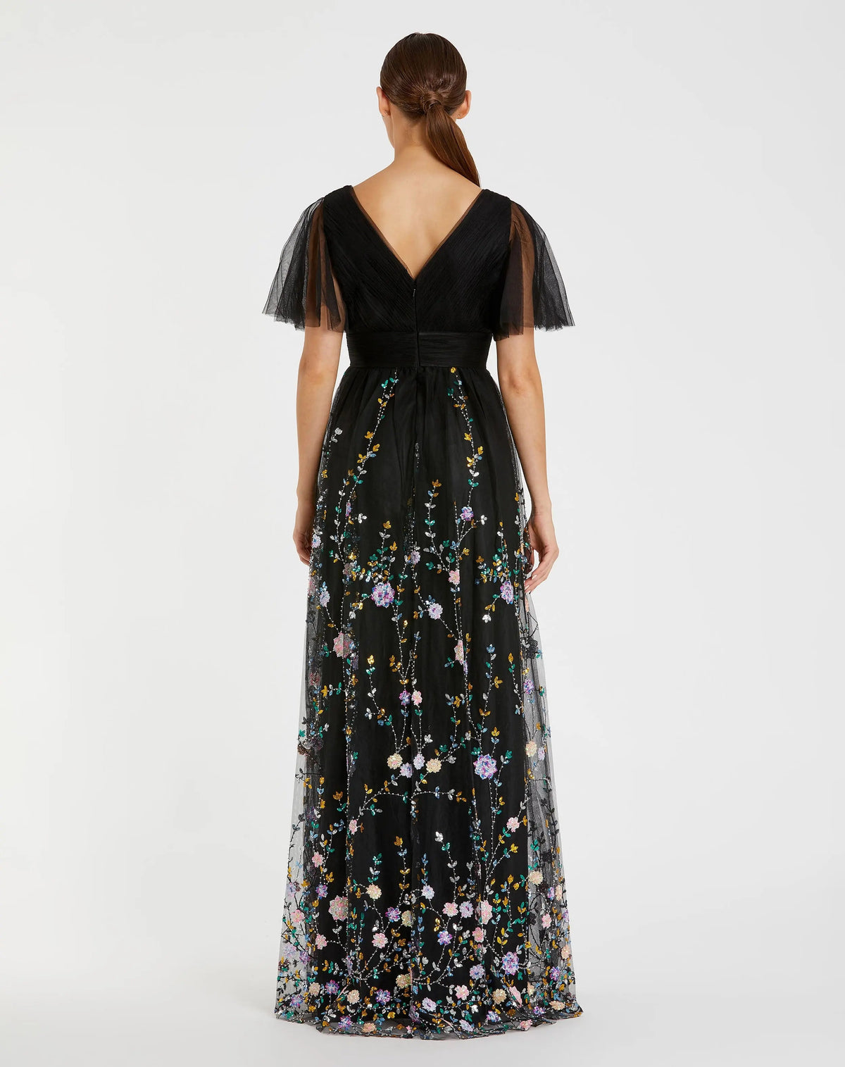 Black Embroidered Butterfly Sleeve Empire Waist Dress