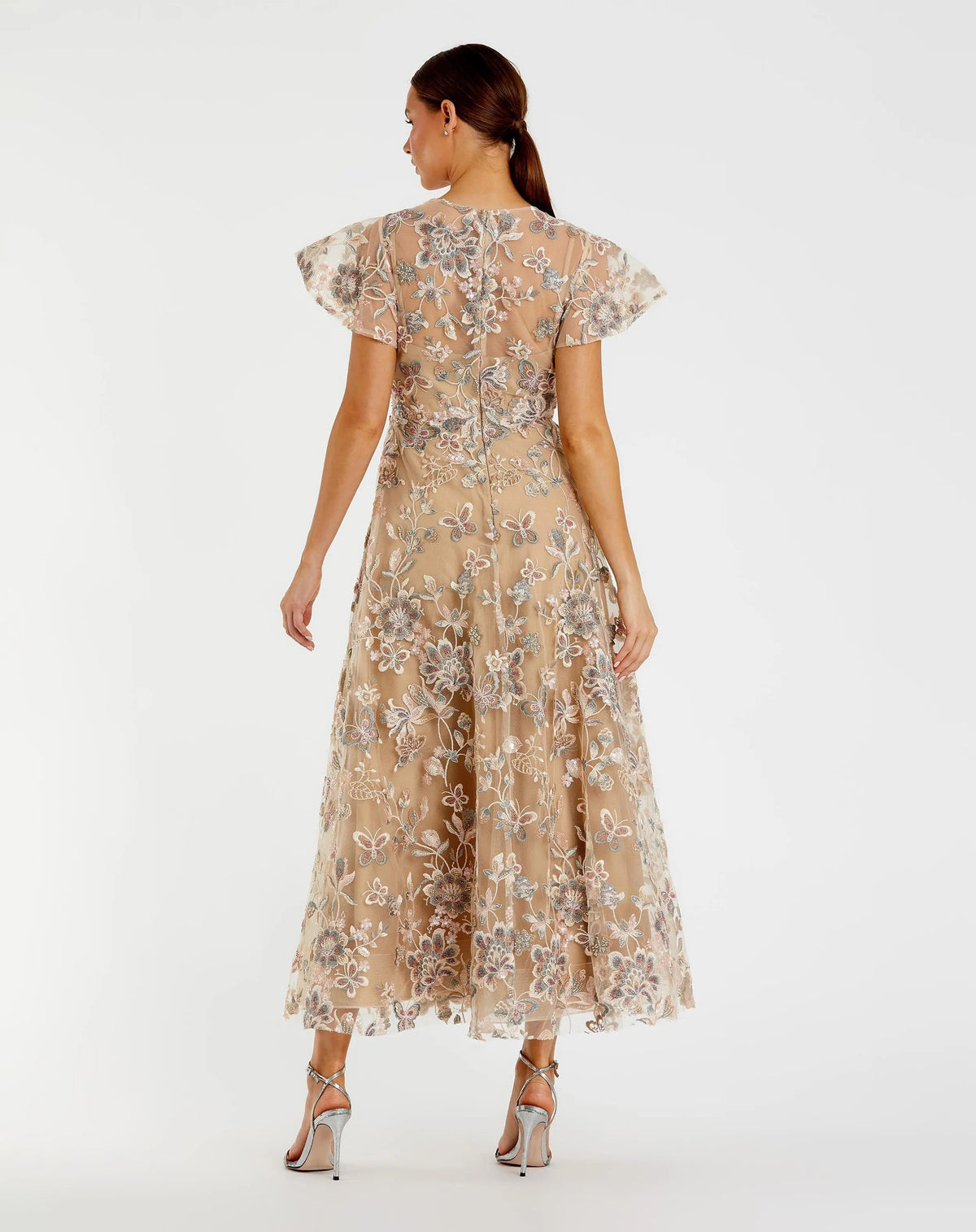 Beige Flutter Sleeve Butterfly Embroidered Maxi Dress