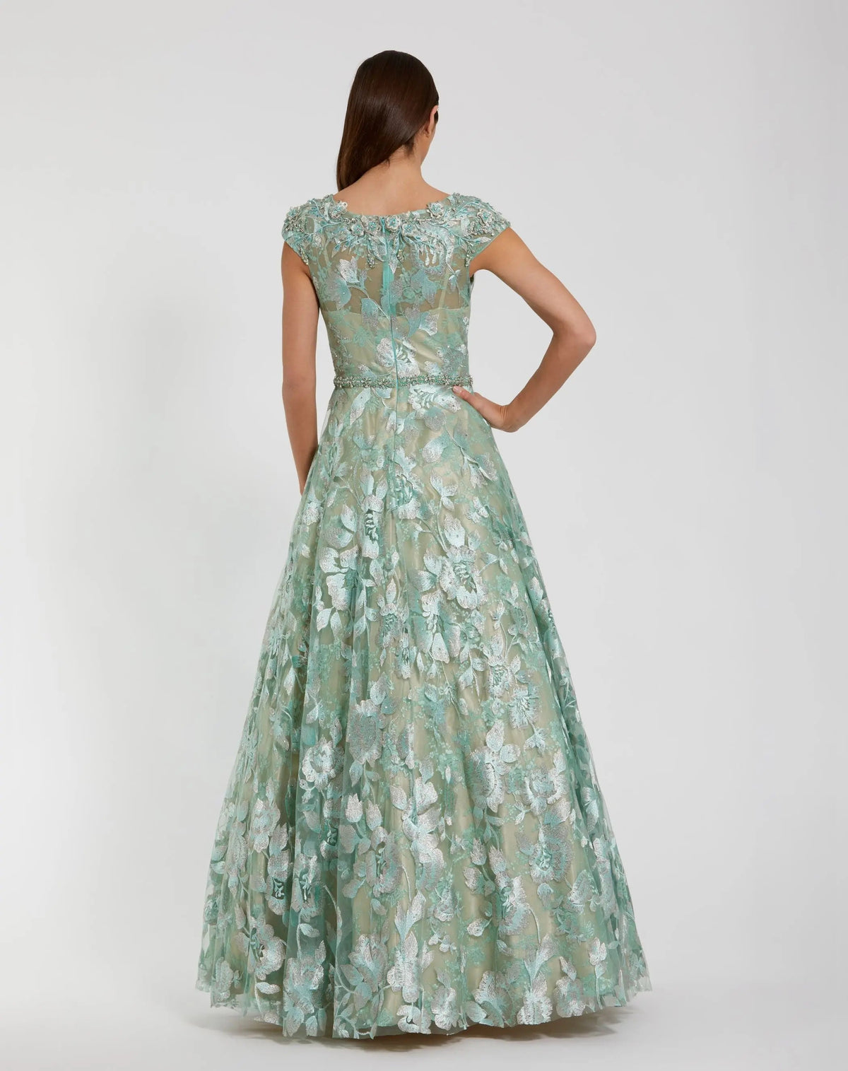 Green Embellished Cap Sleeve High Neck A-Line Ball Gown