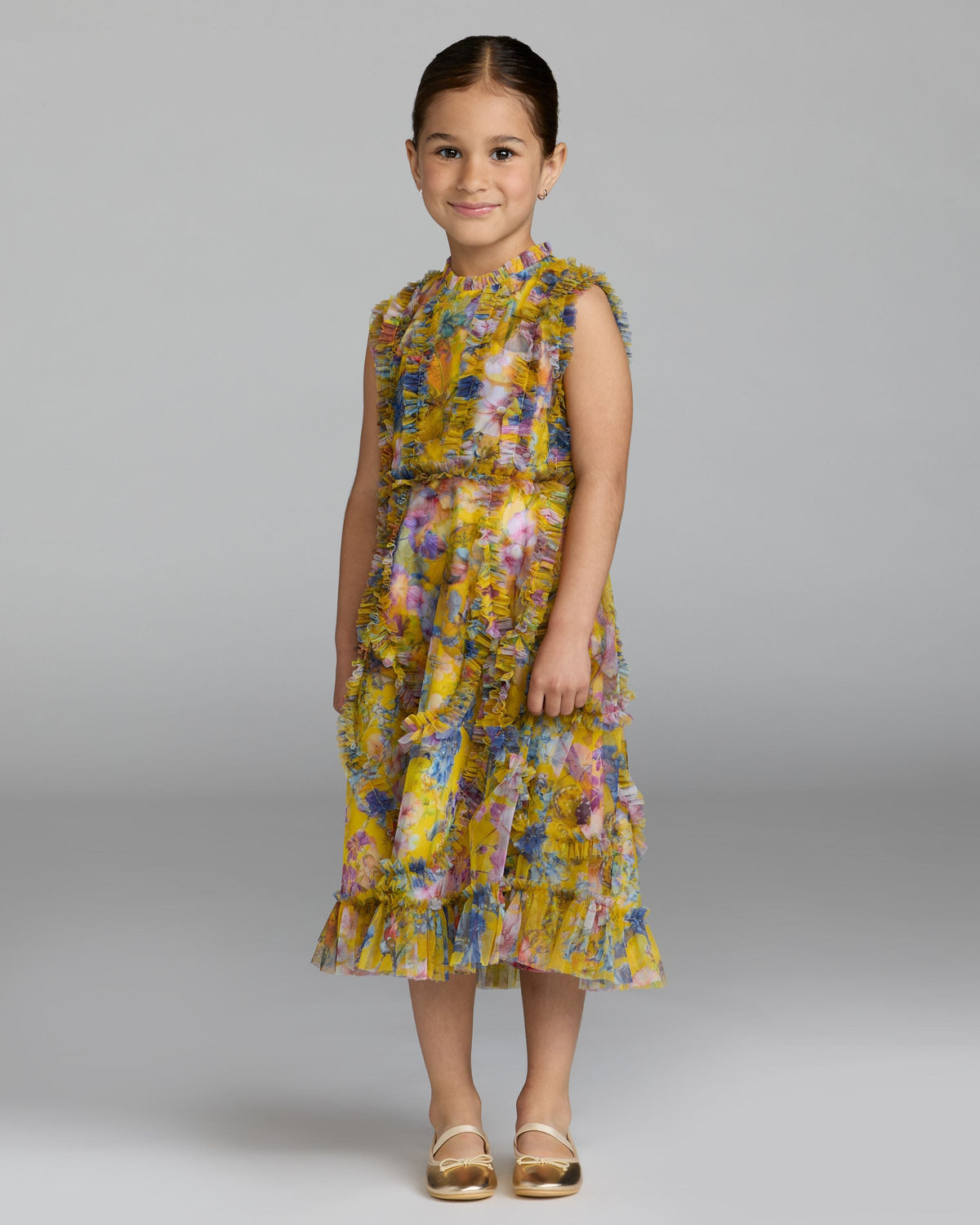 Girls Floral High Neck Ruffle Dress