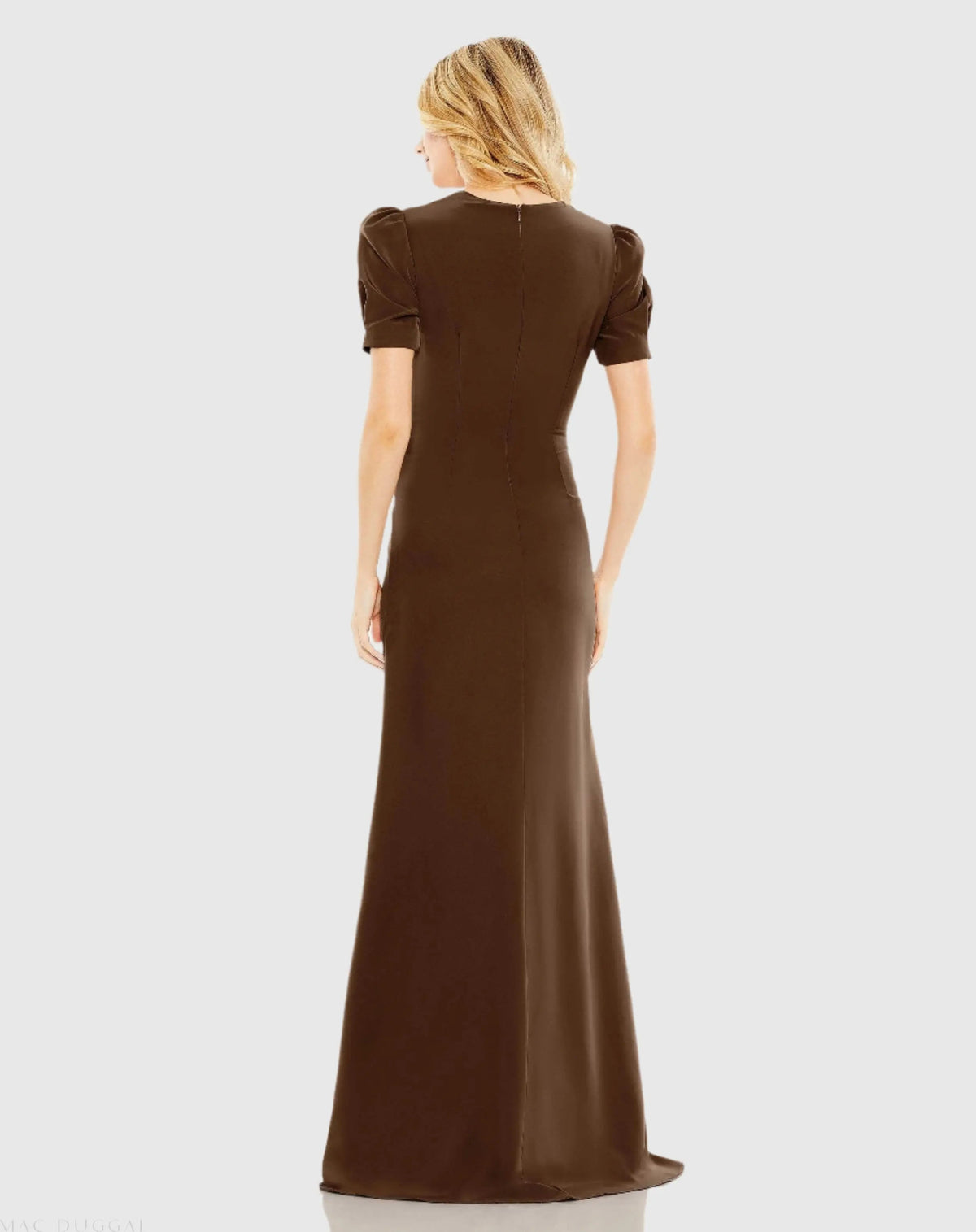 Brown Plunge Neck Puff Sleeve Cut Out Gown