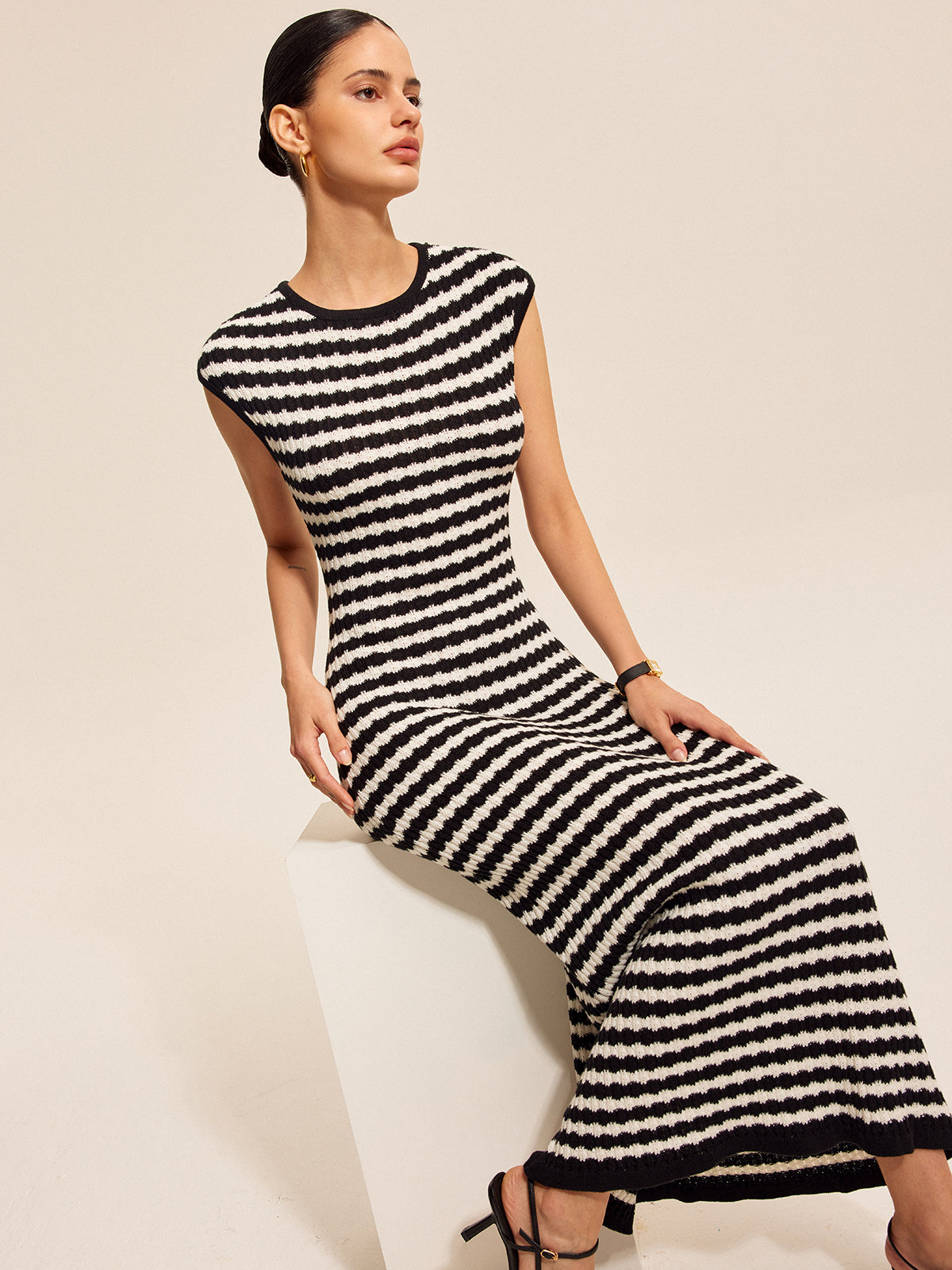 Striped Cap Sleeves Knit Dress