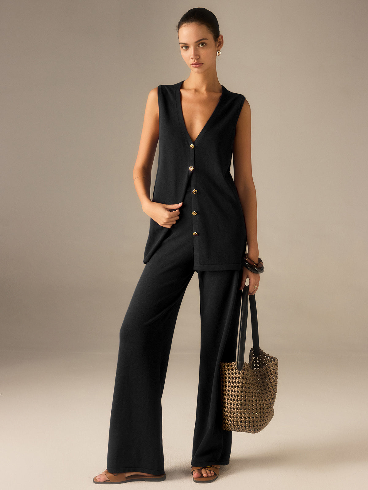 Golden Button Knit Vest Pants Set