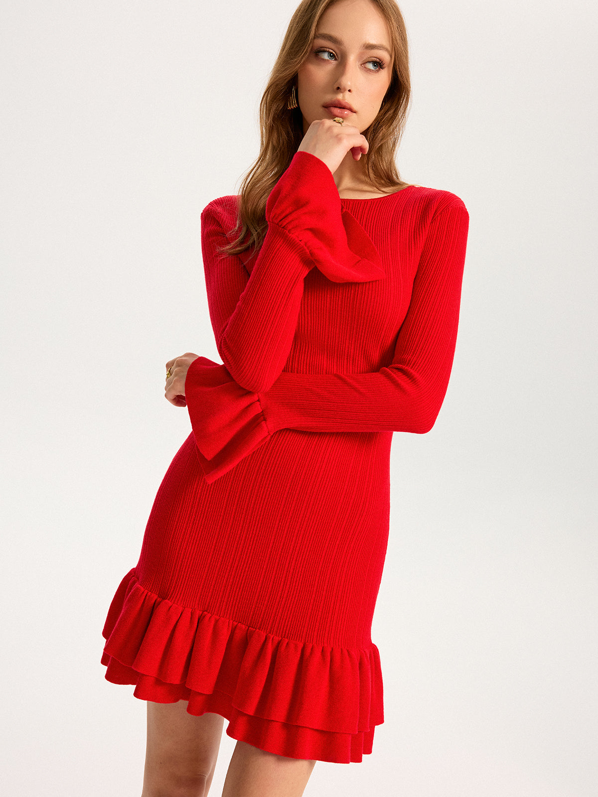 Wool Blend Knit Ruffled Flared Sleeve Mini Dress