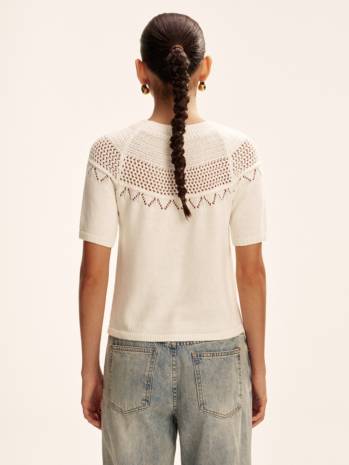 Short-Sleeve Eyelet Knit Sweater