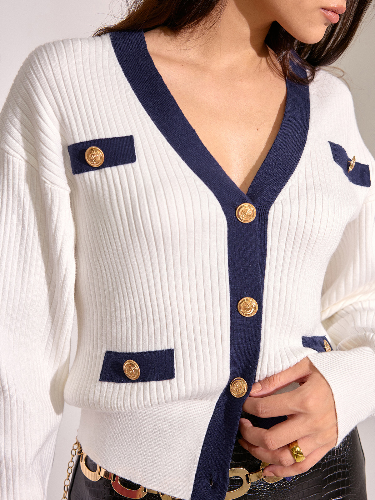 Contrast Trim Metal Button Cardigan