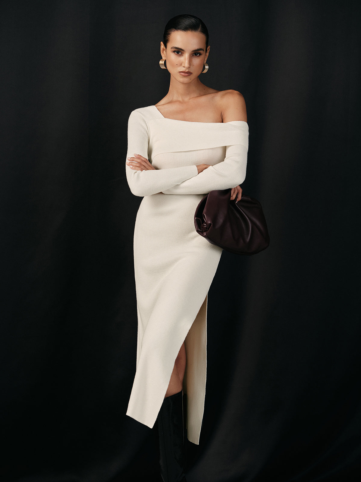 One Shoulder Wool Blend Knit Midi Slit Dress