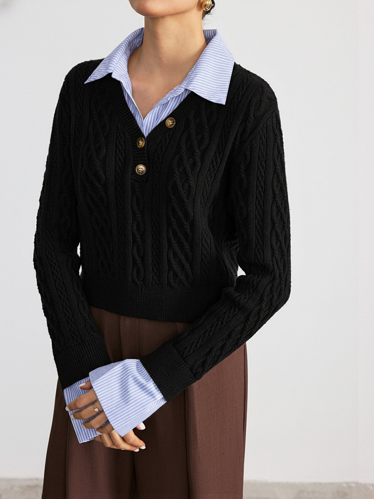 2 in 1 Striped Shirt Panel Cable Knit Top
