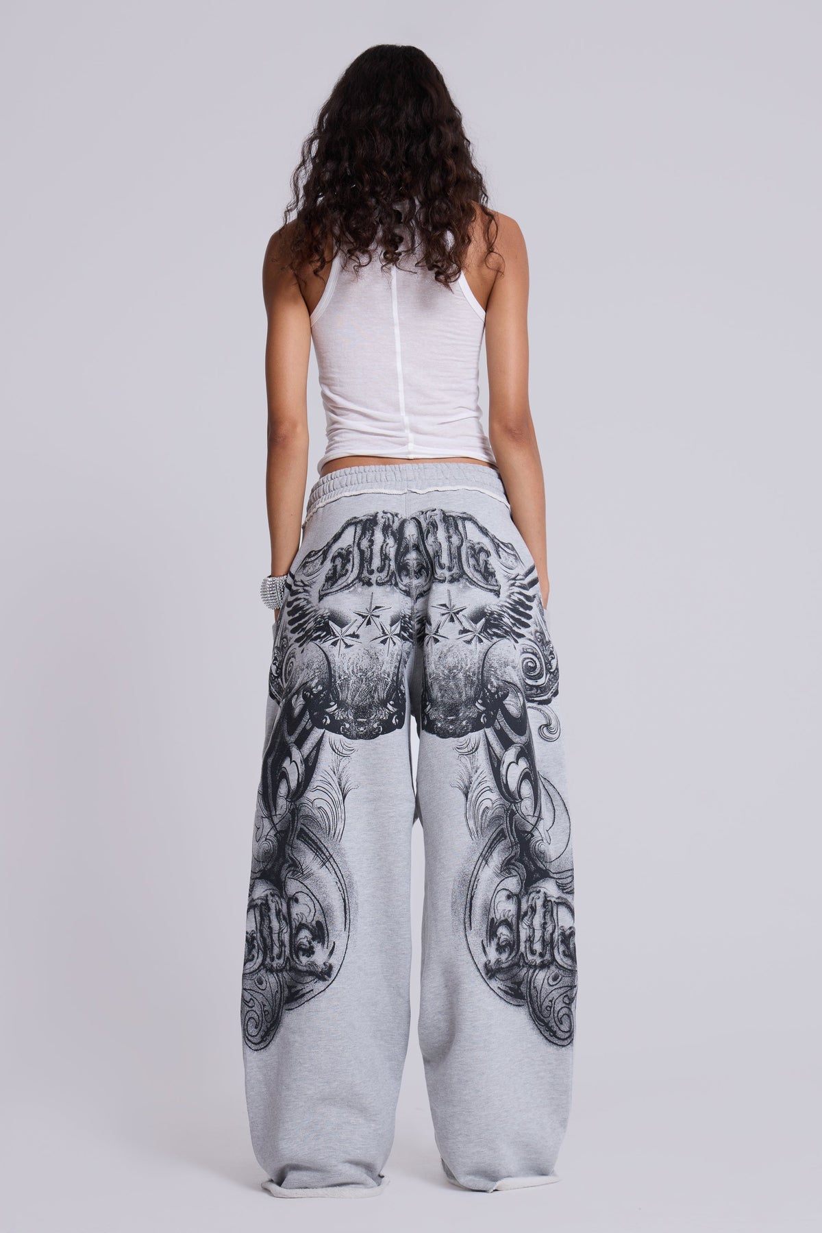 Grey Marl Gothic Print Baggy Monster Joggers