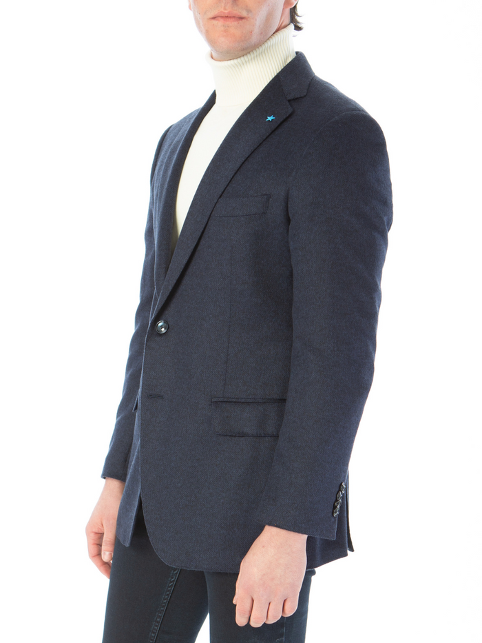 Blujacket Mens Navy Blue Regular Fit Silk Cashmere 2 Button Blazer Sportcoat