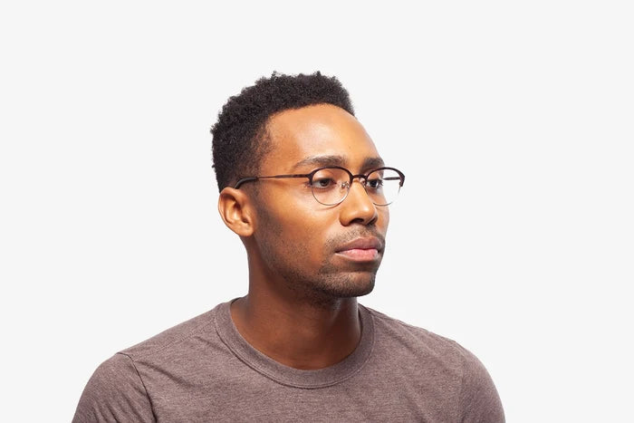 Amber Tortoise Miller eyeglasses by Chemistrie worn by male model, side view