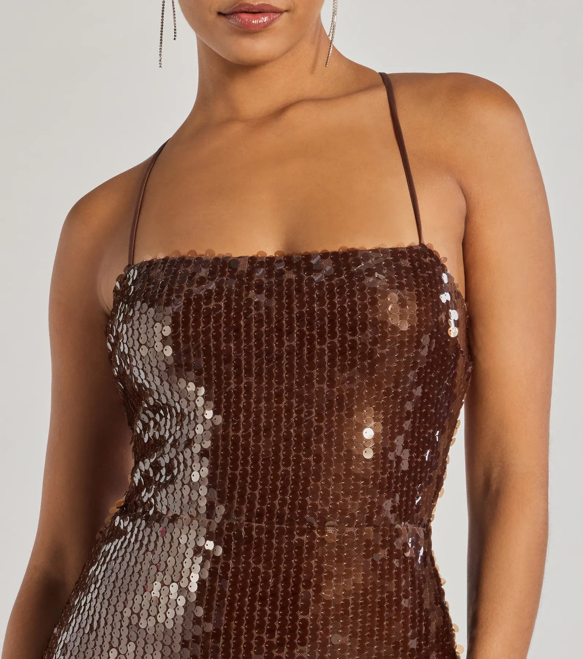 Naya Lace-Up High Slit Sequin Column Dress