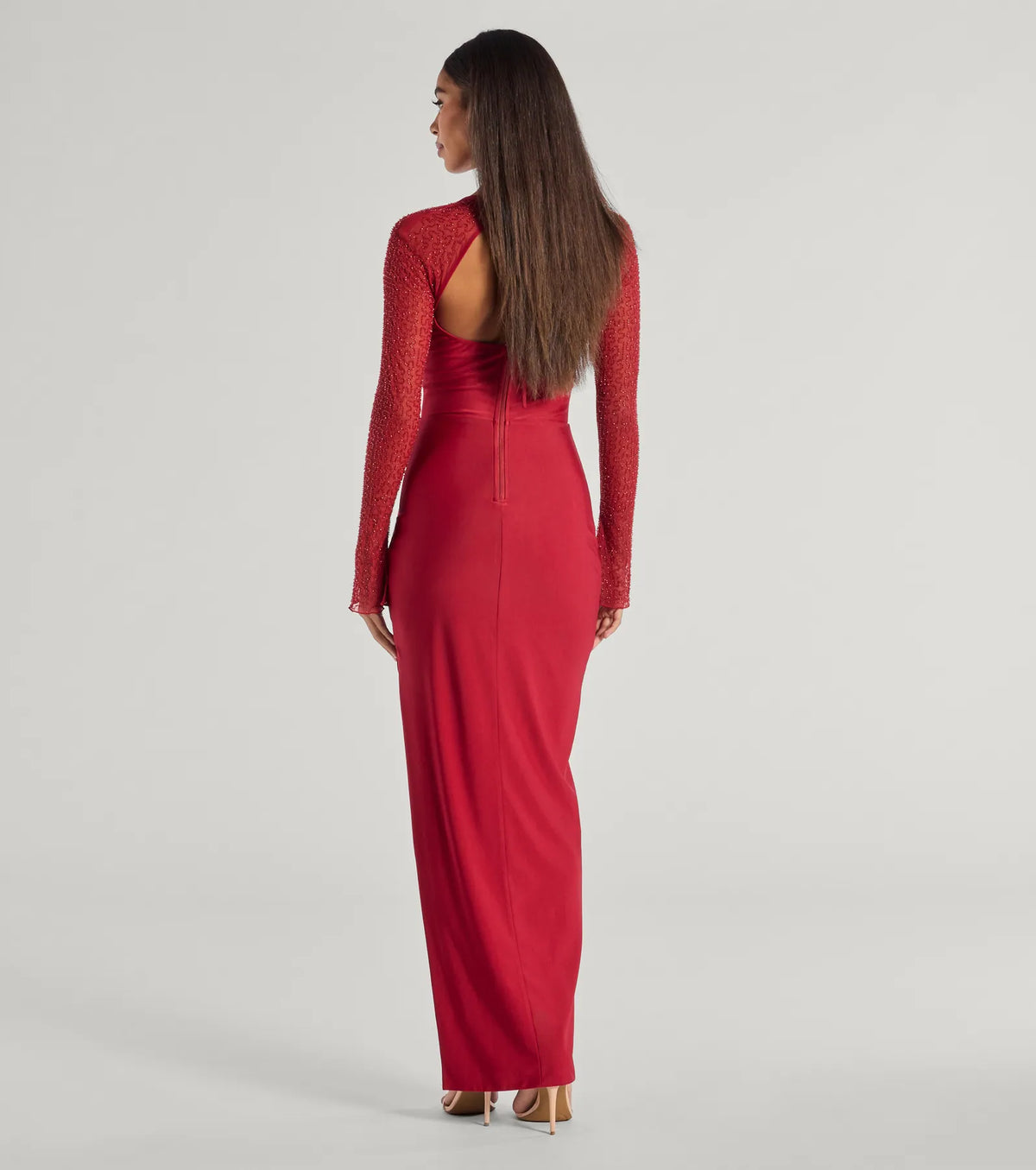 Wren Beaded Long Sleeve High Slit Column Dress