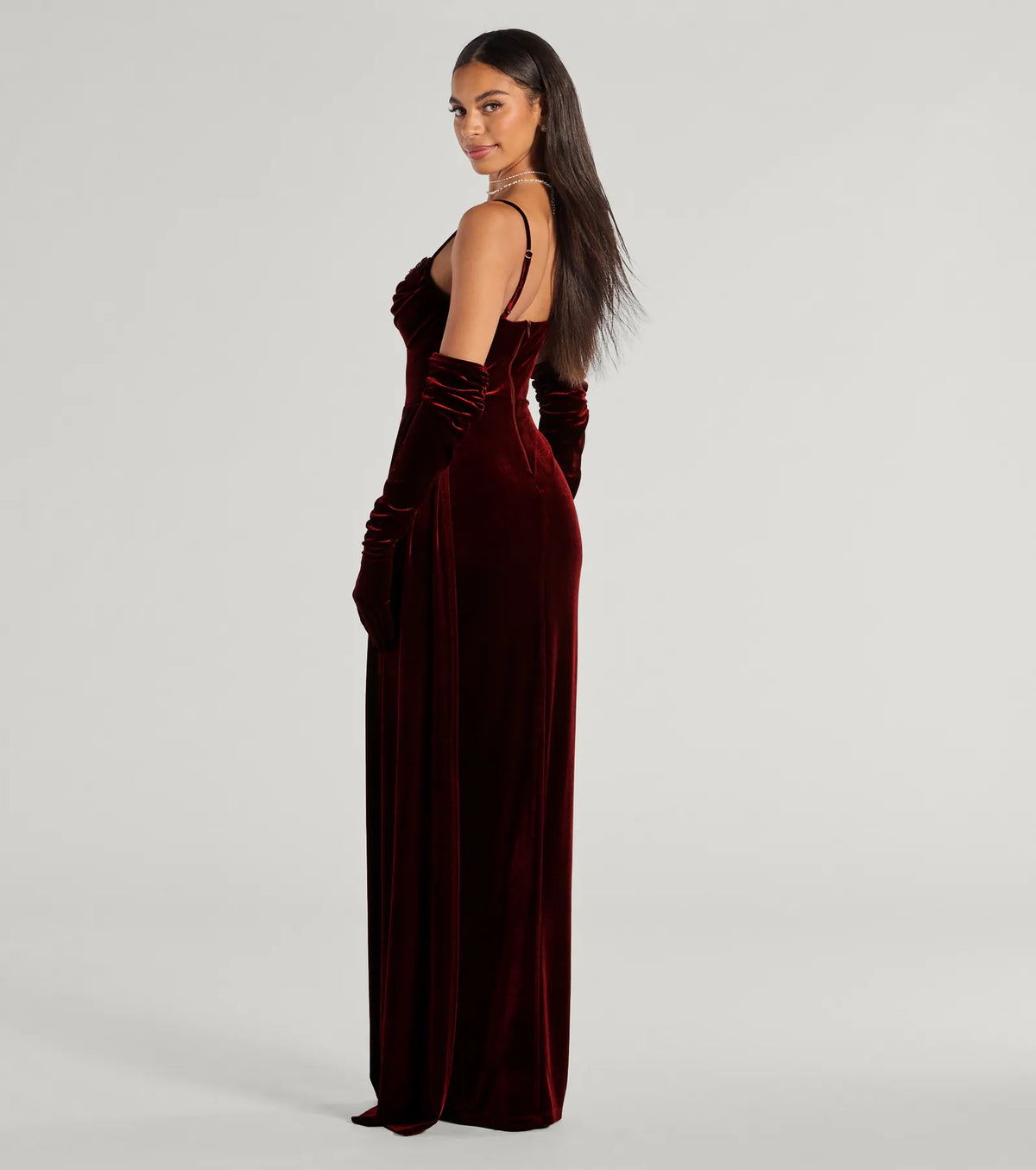Inez Beaded Applique Velvet Formal Column Dress With Gloves