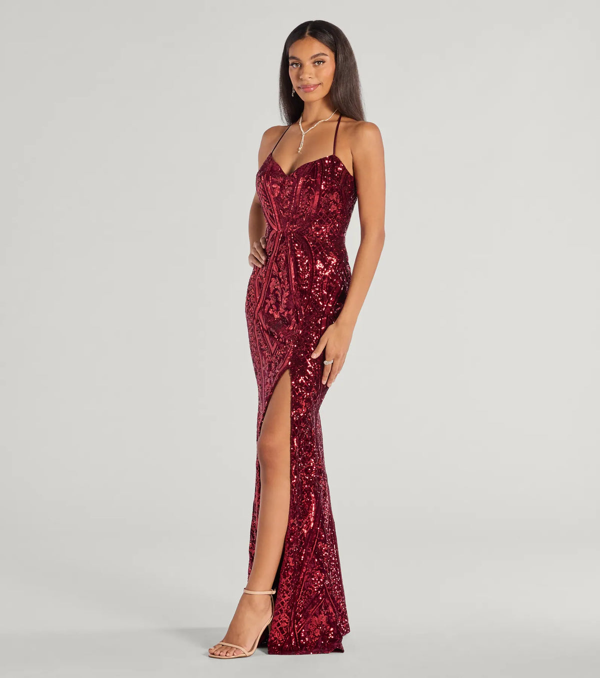 Meara Sequin Velvet Hight Slit Column Dress