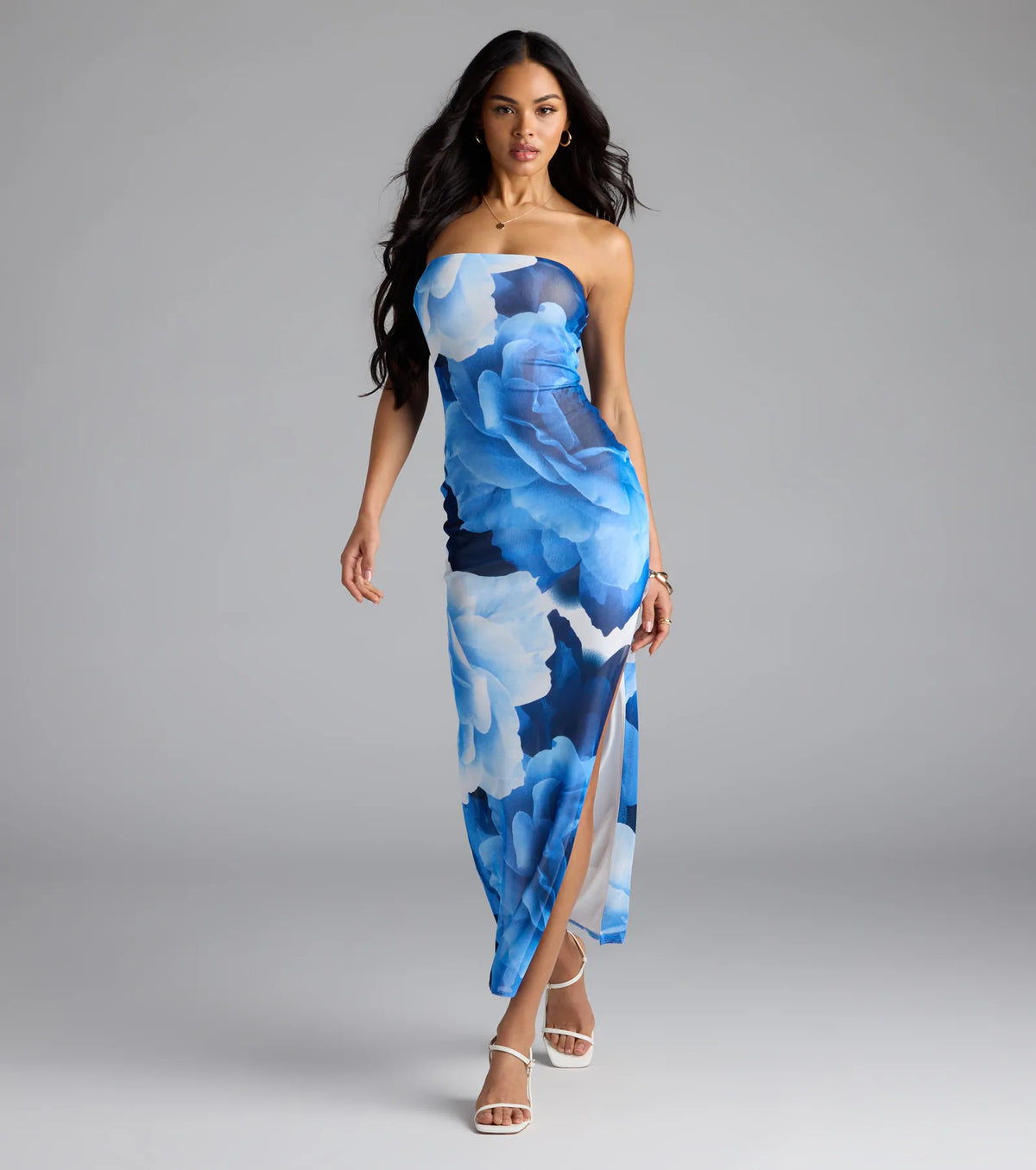Grandeur Blooms Strapless Slit Floral Maxi Dress