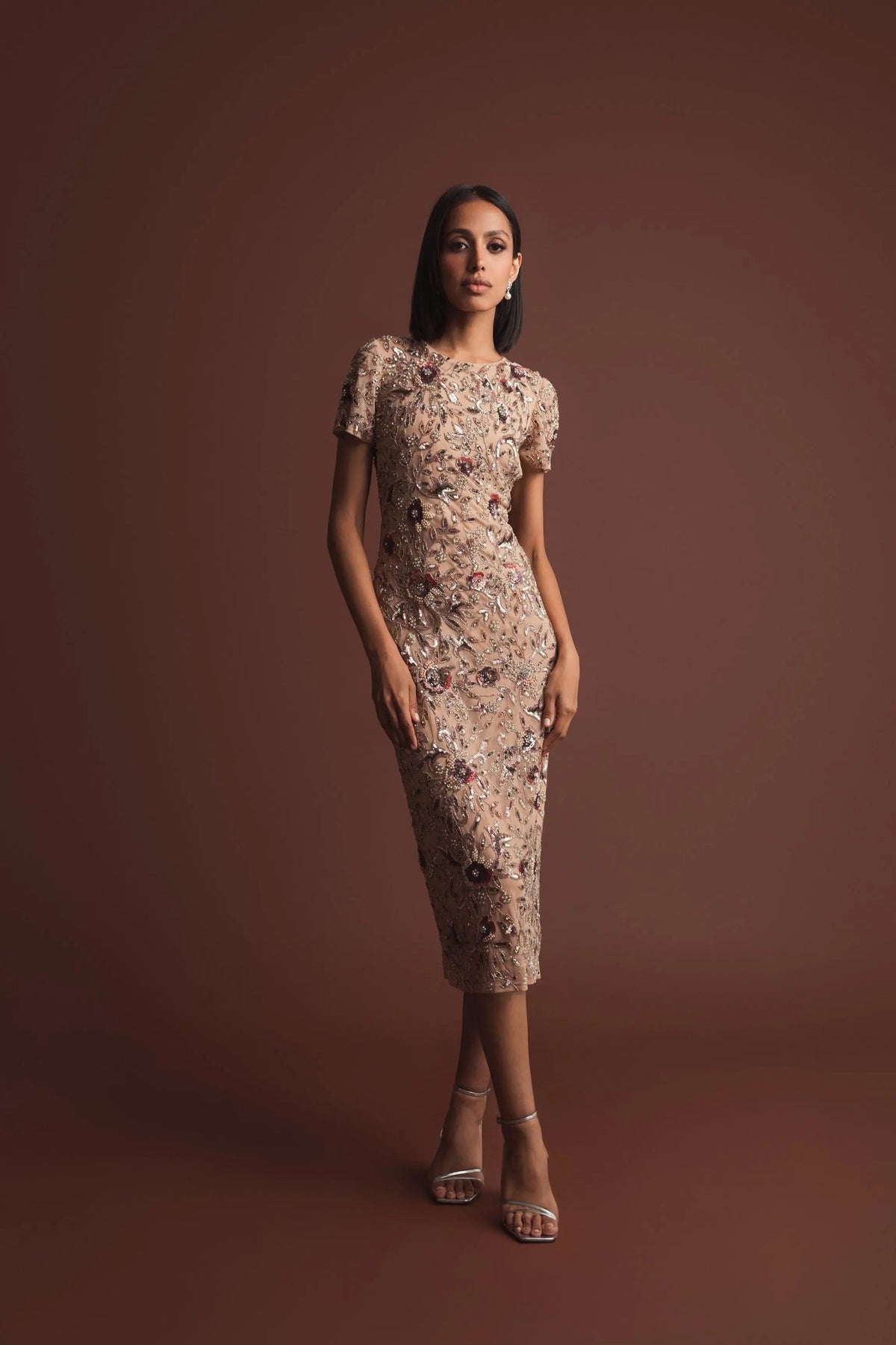 Beige Floral Embellished Short Sleeve Midi Dress