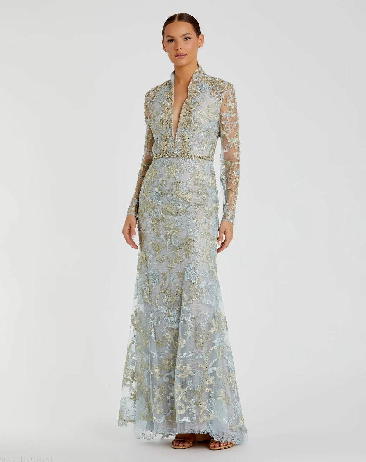 Beaded Queen Anne Lace Long Sleeve V-neck Trumpet Gown