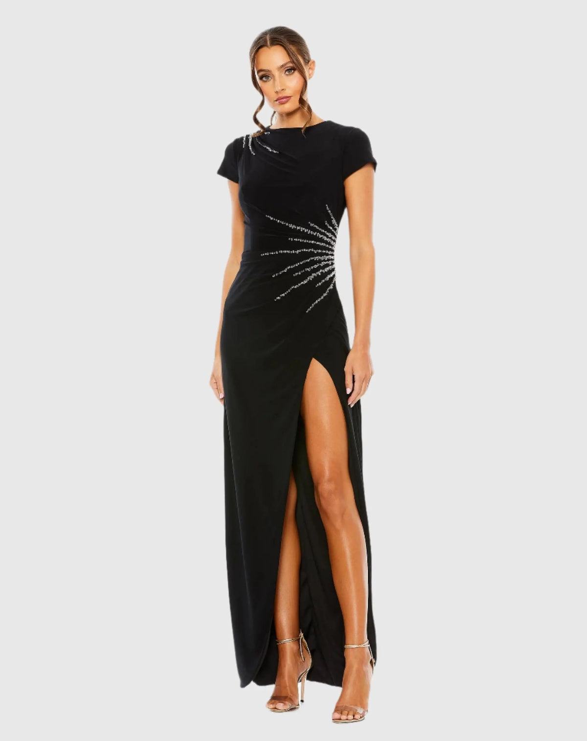 Black Slit Gown with Side Beaded Detail