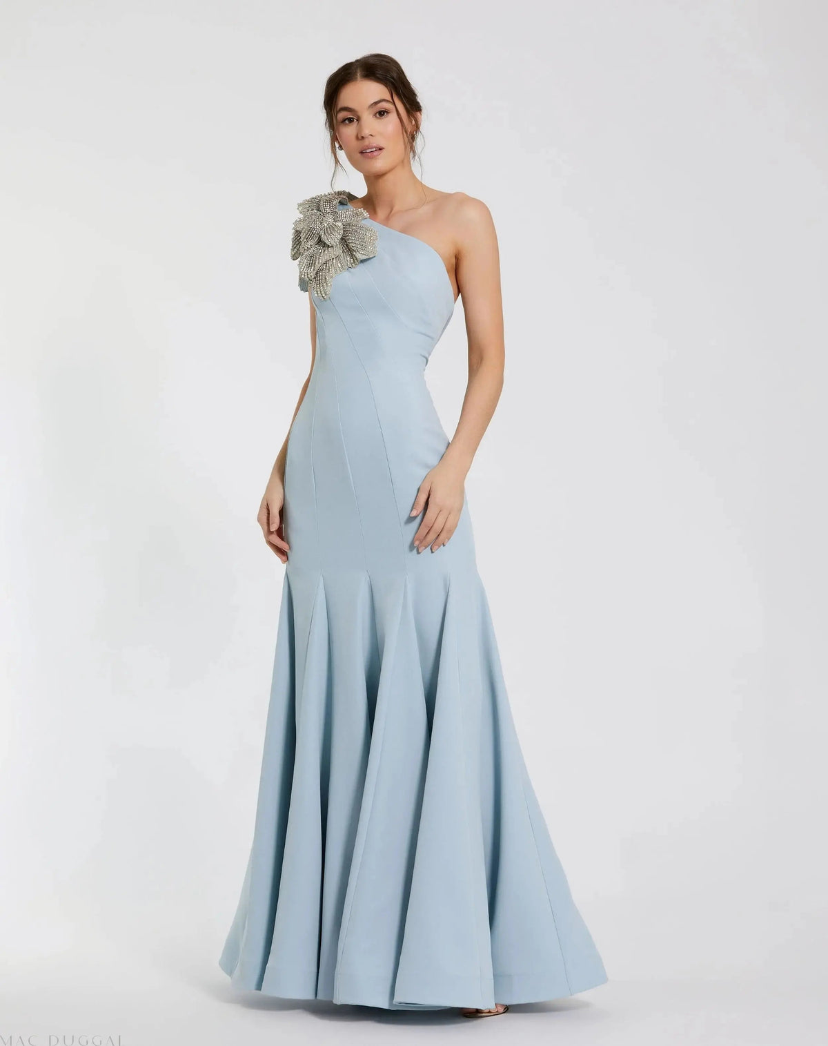 Blue Crepe One Shoulder Gown With Crystal Flower