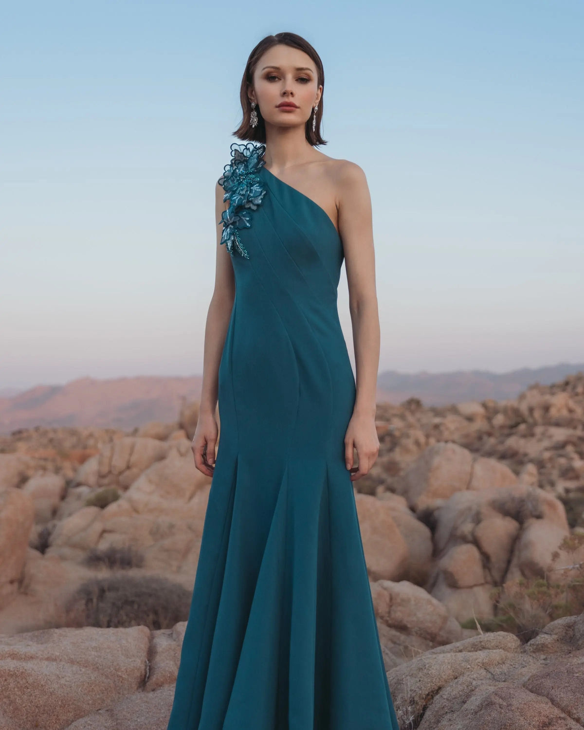 Blue One Shoulder Mermaid Gown with 3D Flowers