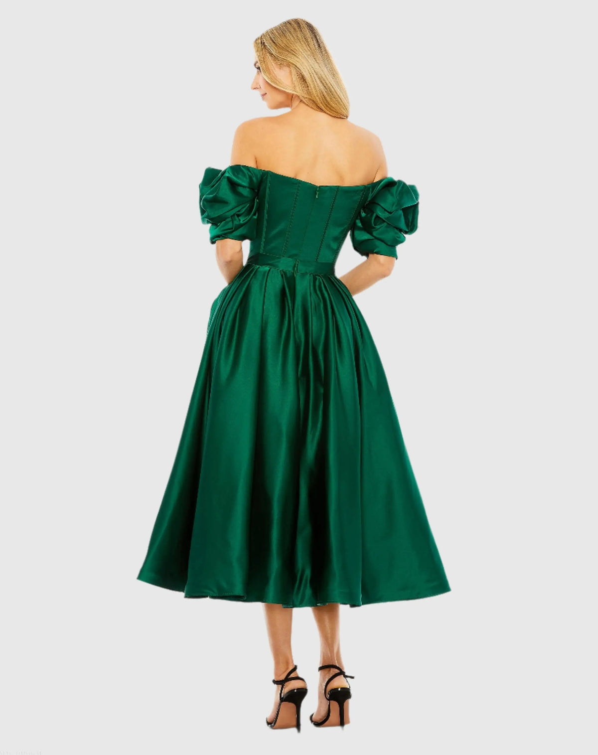 Green Off The Shoulder Tea Length Dress