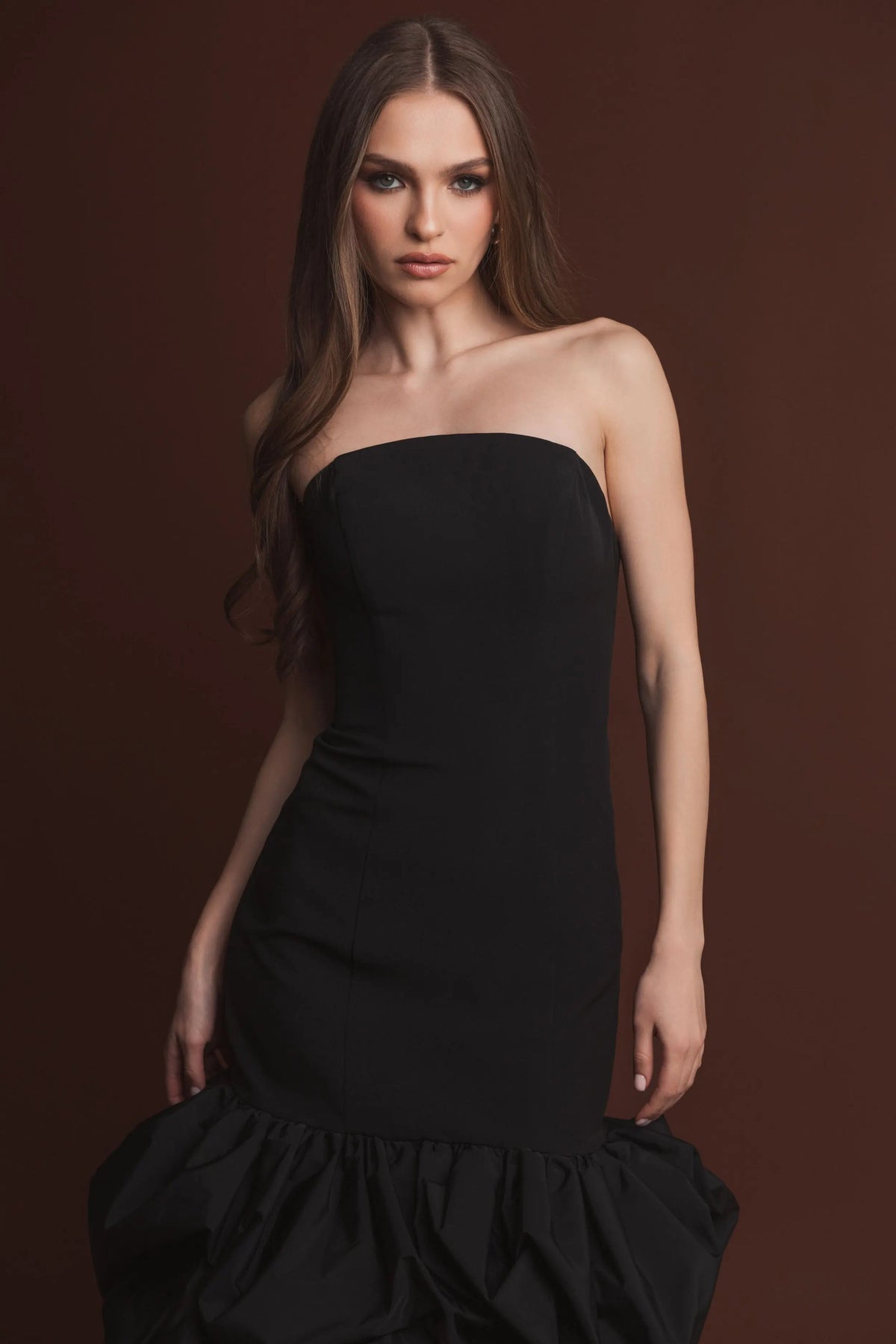 Black Strapless Crepe Midi Dress With Bubble Hem