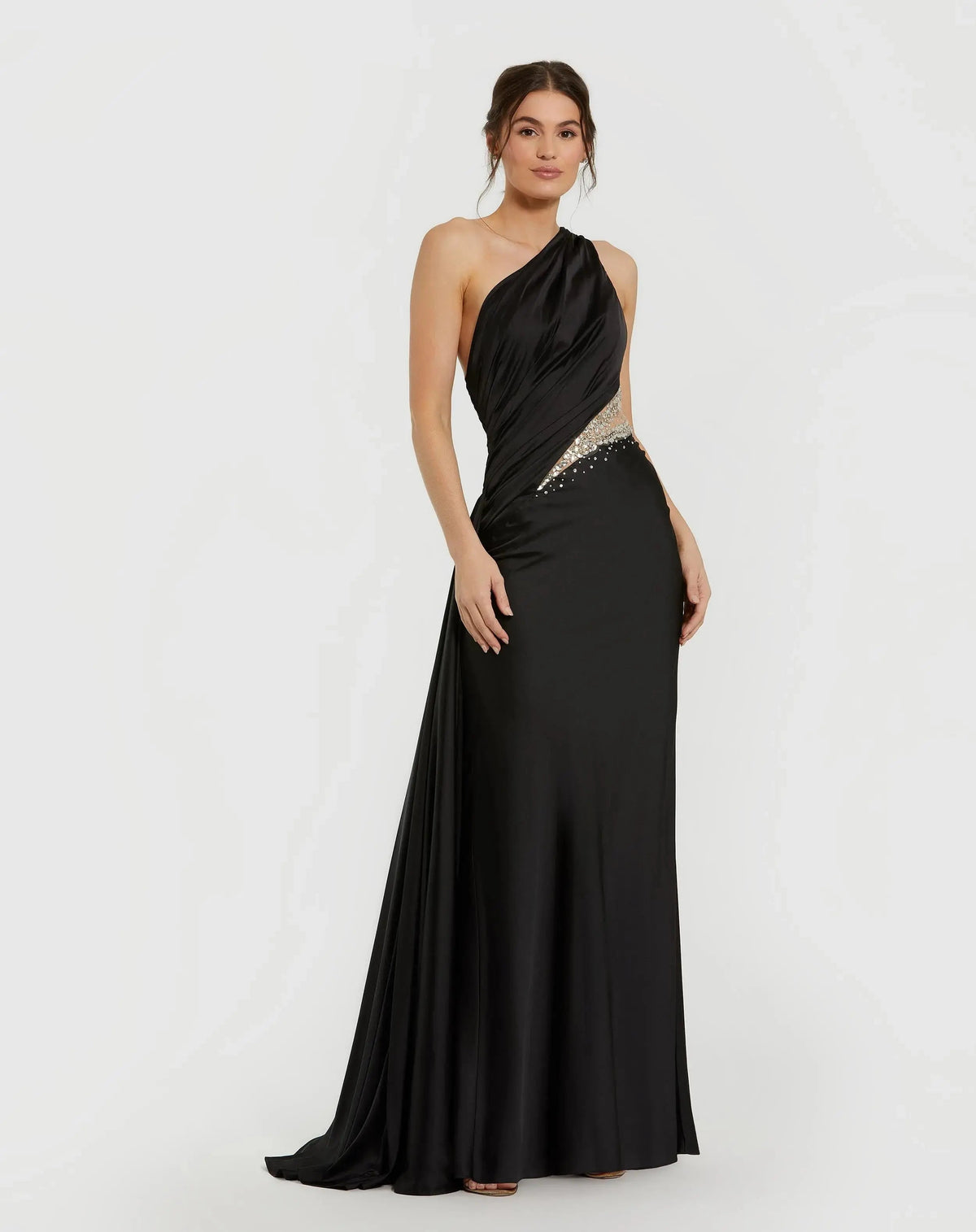 Black One Shoulder Charmeuse Gown With Beaded Cutout