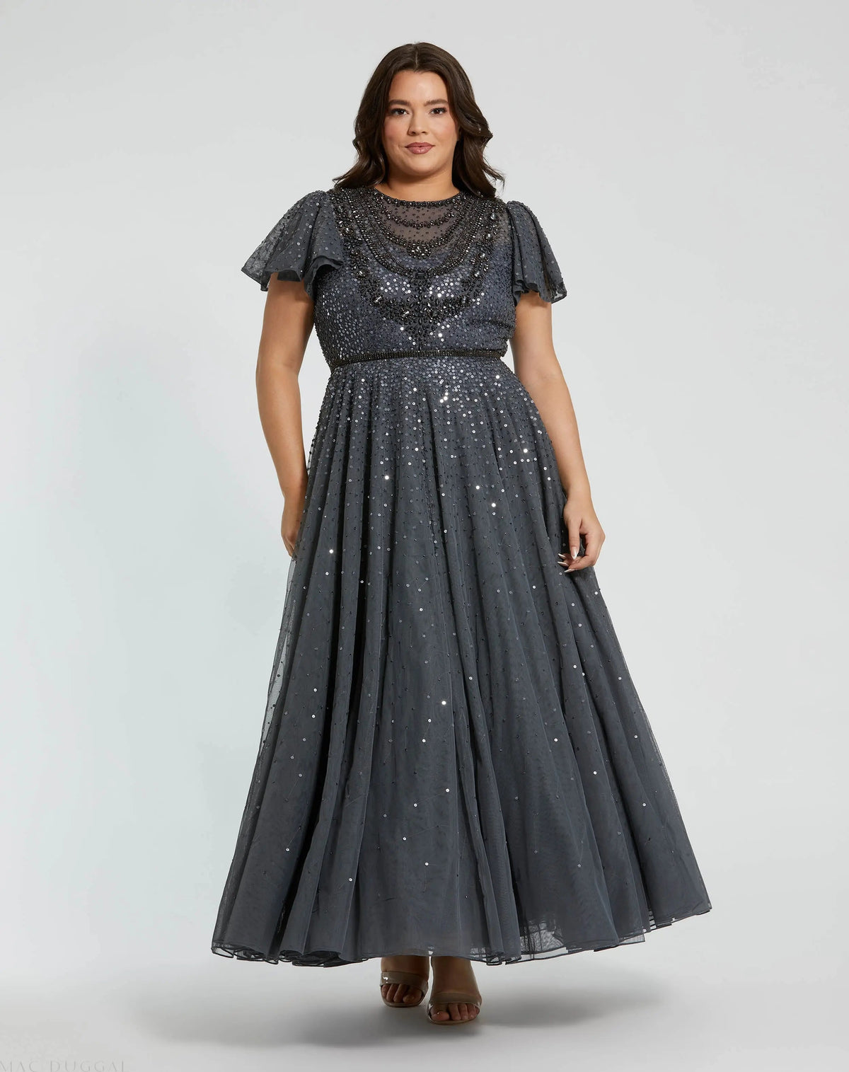 Gray Embellished Flutter Sleeve Evening Gown (Plus)