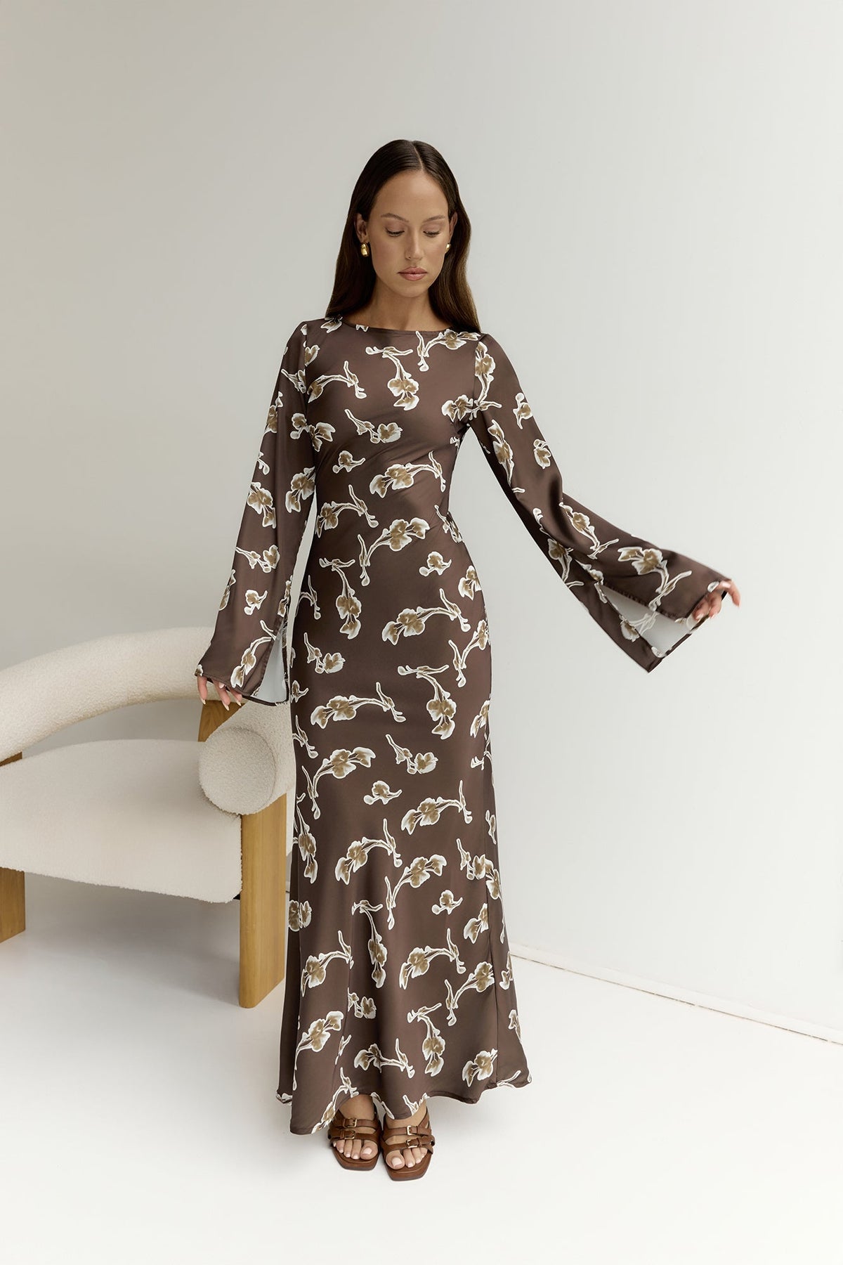 Angeline Long Sleeved Maxi Dress Brown