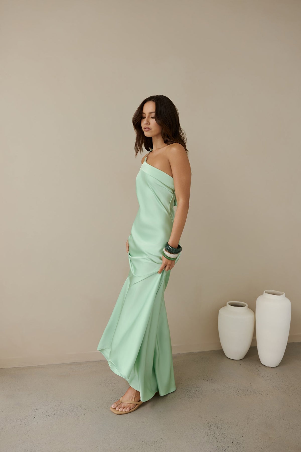 Champagne Chat One Shoulder Maxi Dress Green