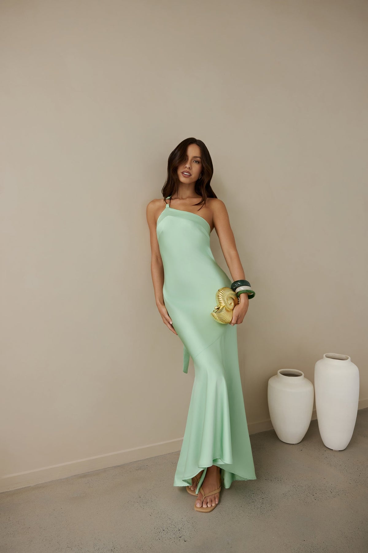 Champagne Chat One Shoulder Maxi Dress Green