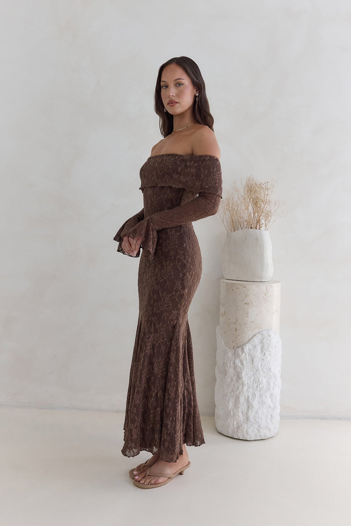 Here For Love Off Shoulder Mesh Maxi Dress Chocolate