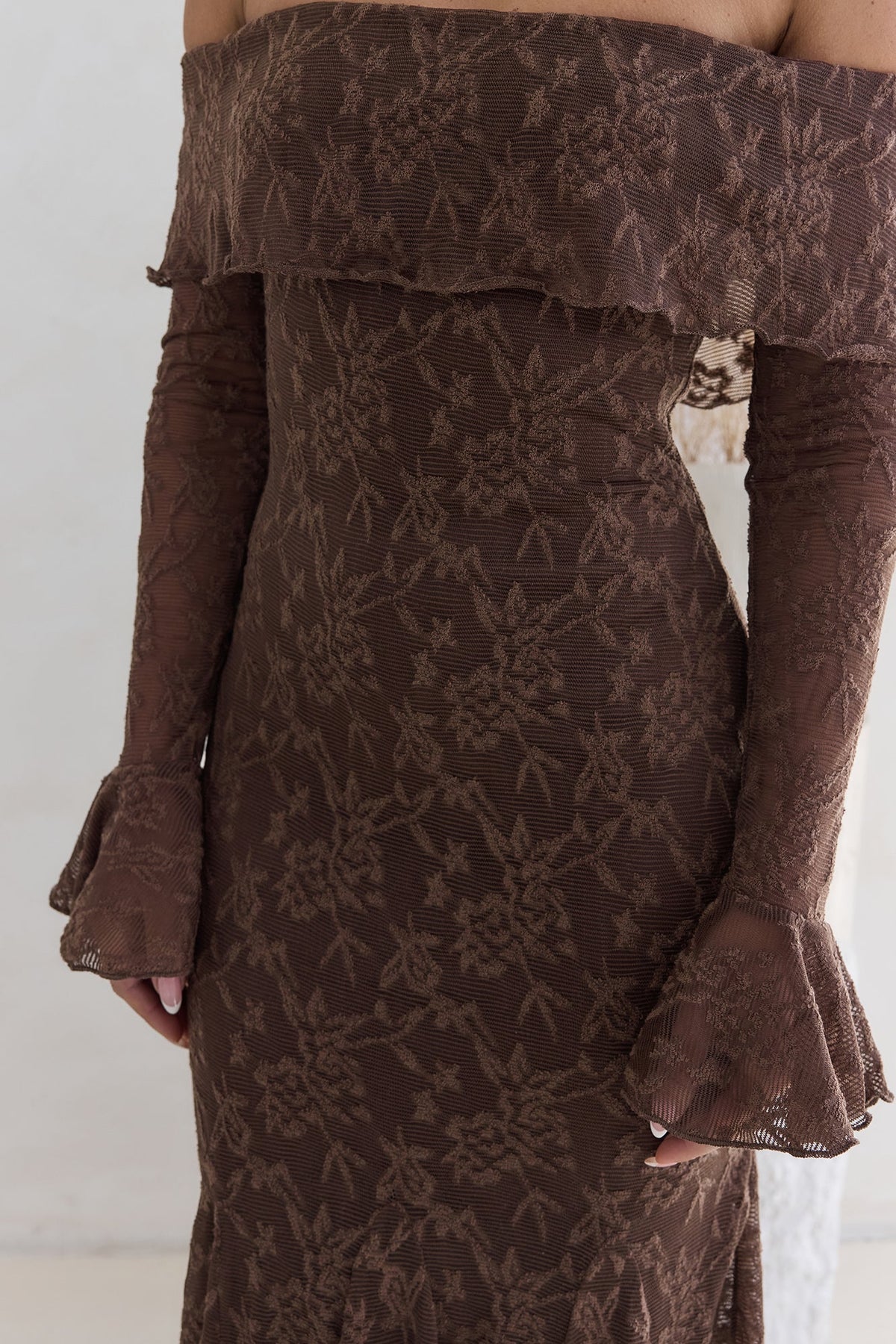 Here For Love Off Shoulder Mesh Maxi Dress Chocolate