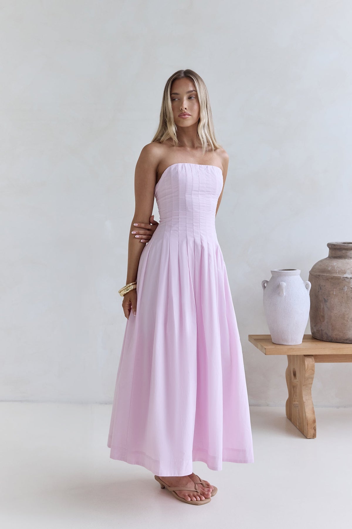Sunshine Serenity Strapless Midi Dress Pink