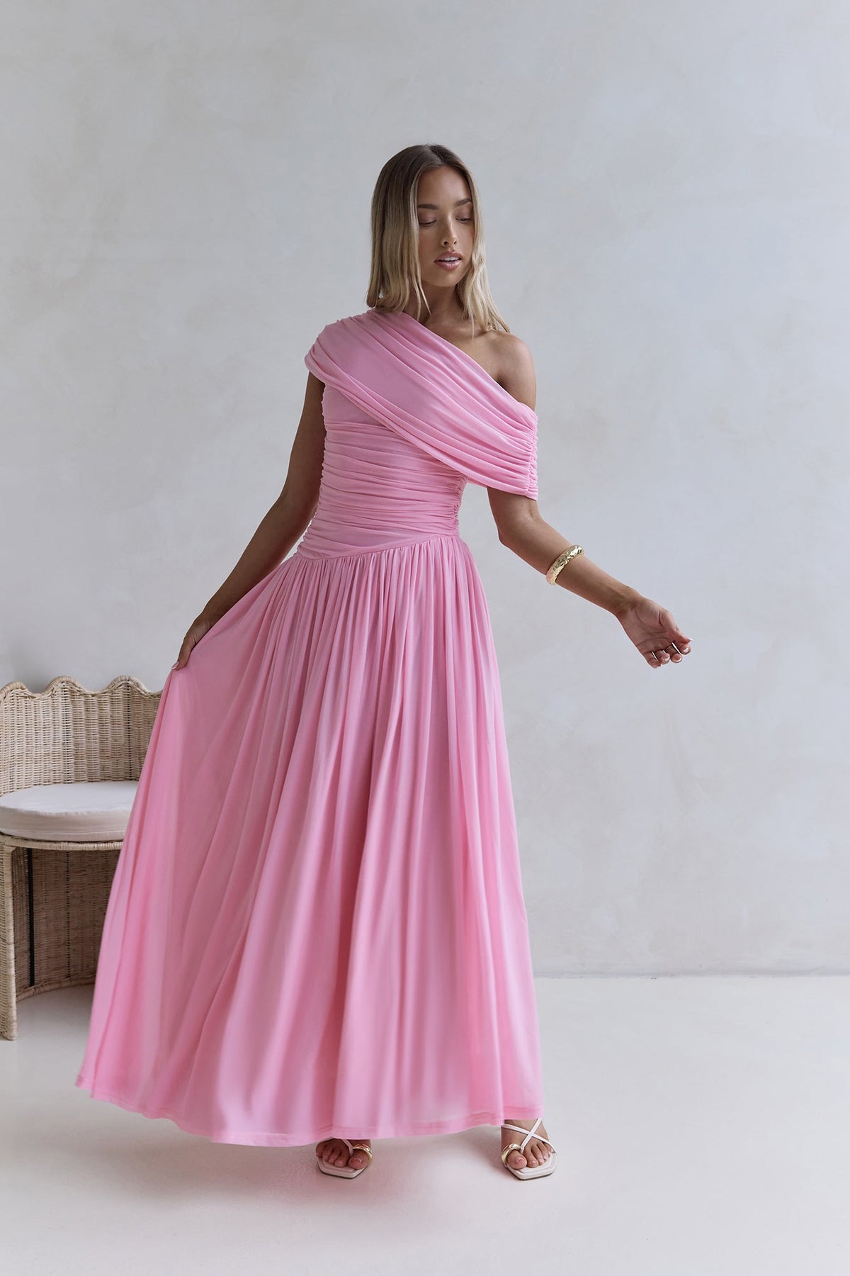 Hidden Flair One Shoulder Mesh Maxi Dress Pink