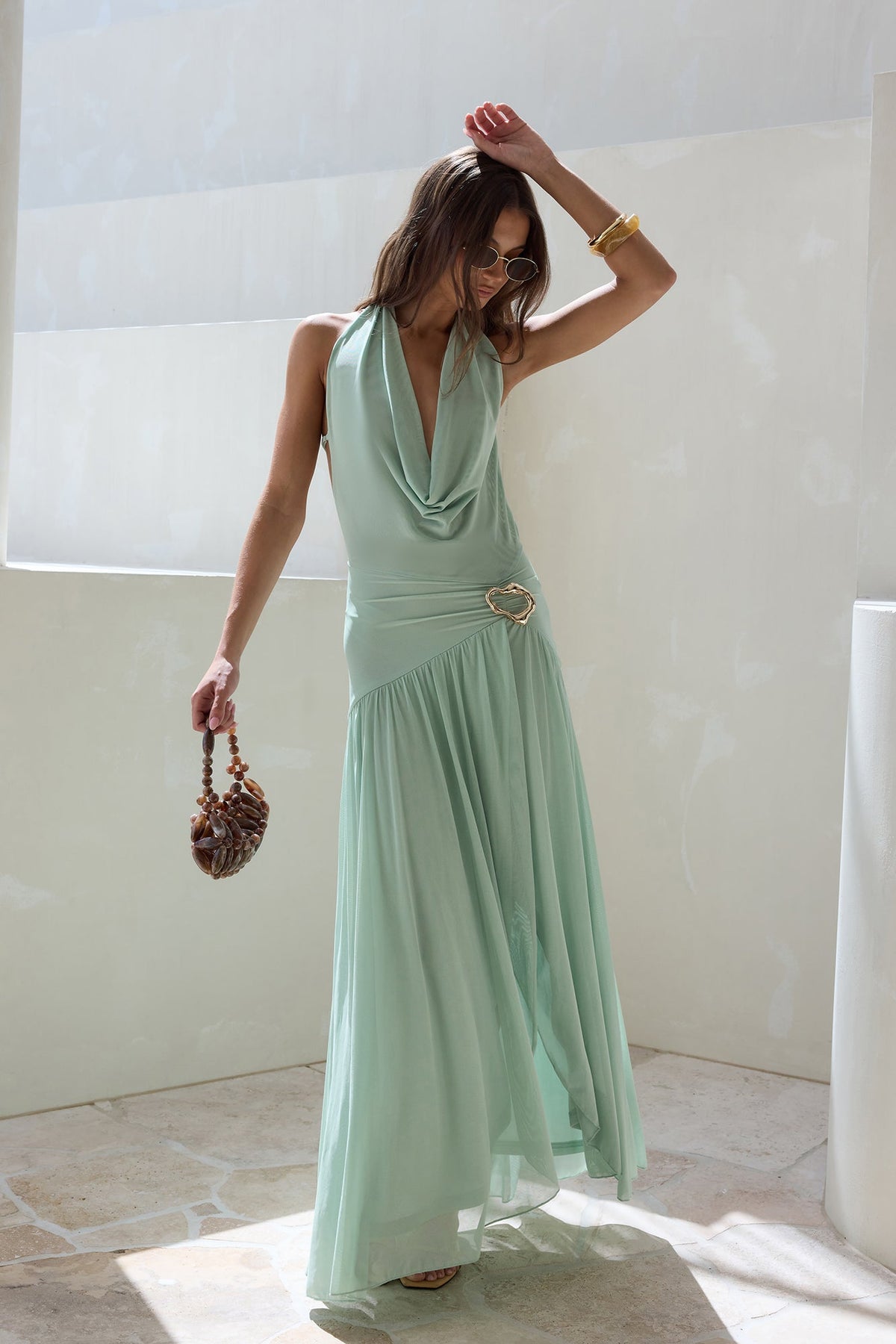 Floating Clouds Halter Mesh Maxi Dress Sage