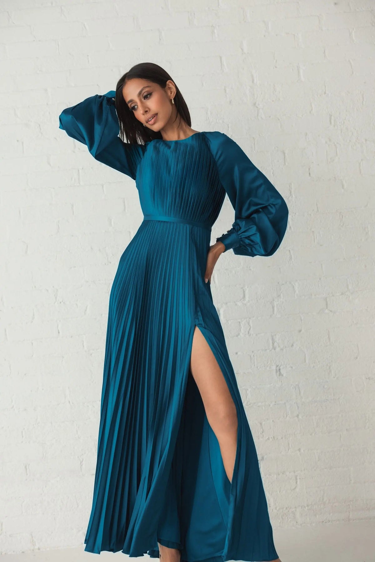 Blue Pleated High Neck Long Sleeve Gown with Slit