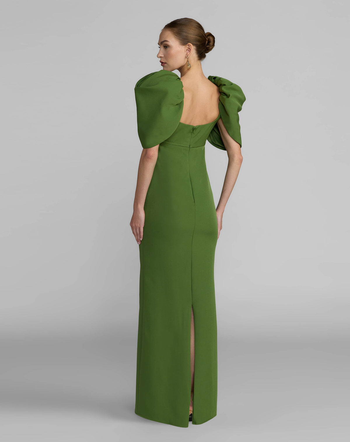Green Crepe Square Neck Gown With Puff Sleeves