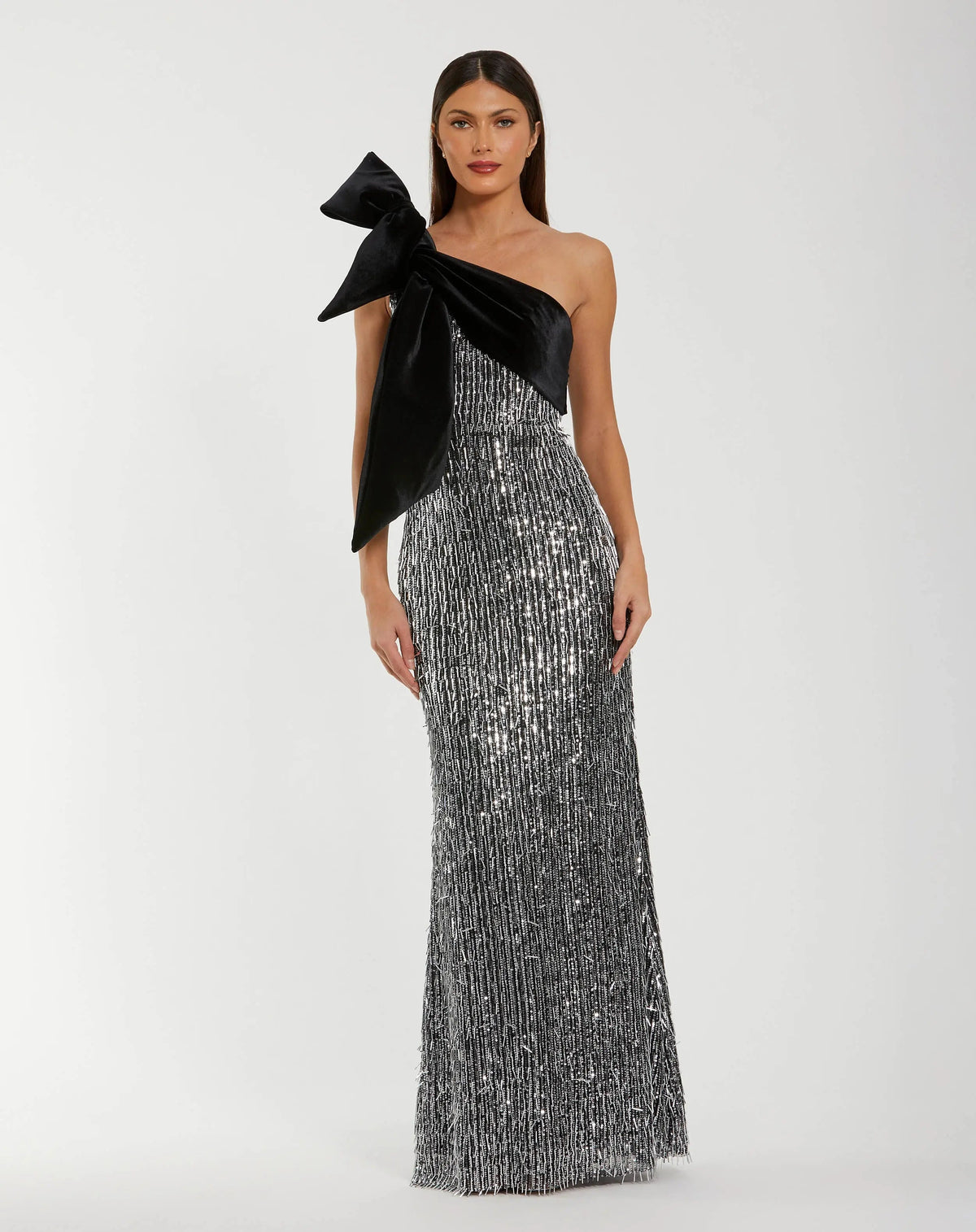 Black and Silver One Shoulder Embellished Gown With Velvet Bow