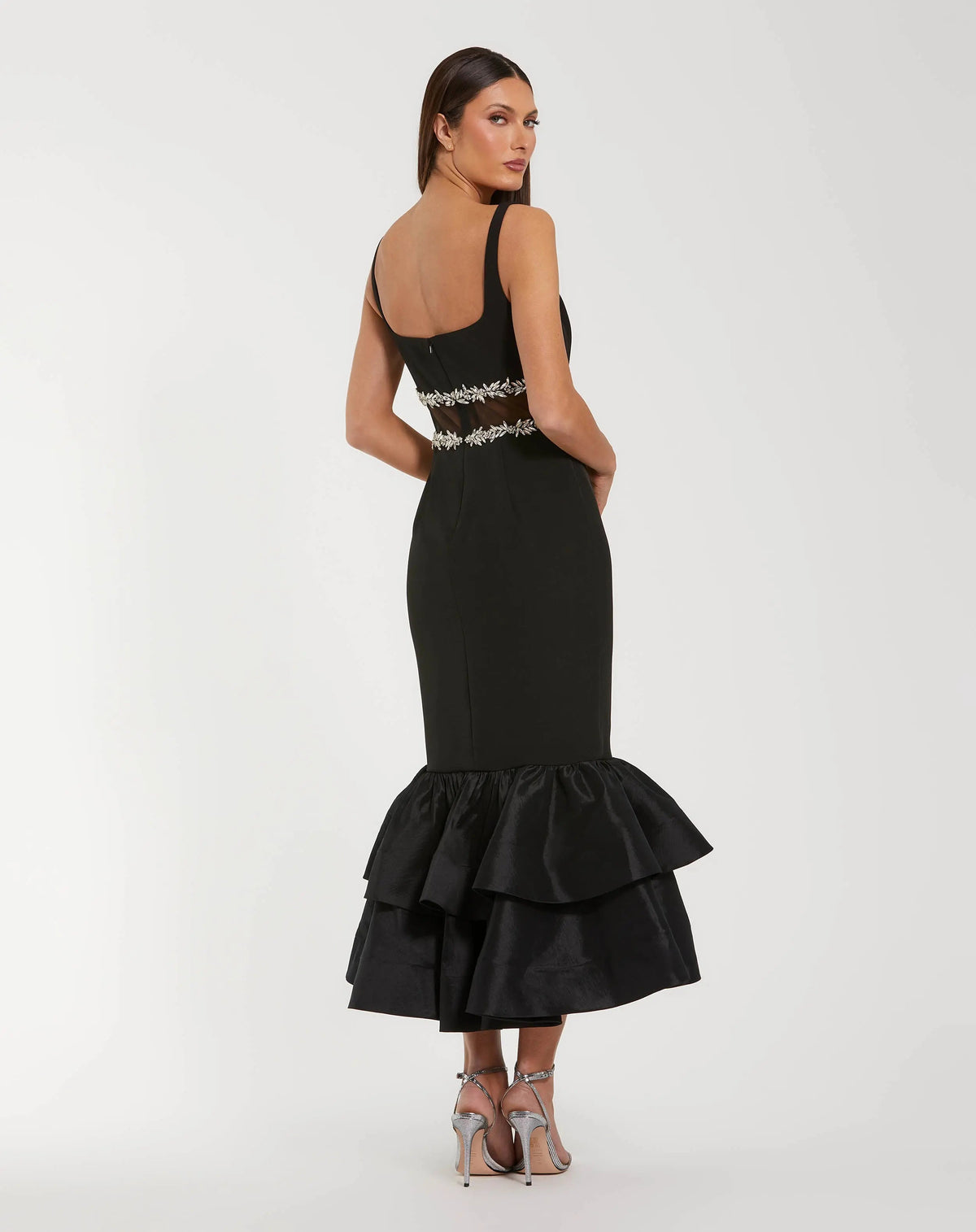 Crepe Ruffle Hem Midi Dress With Jewel Detail