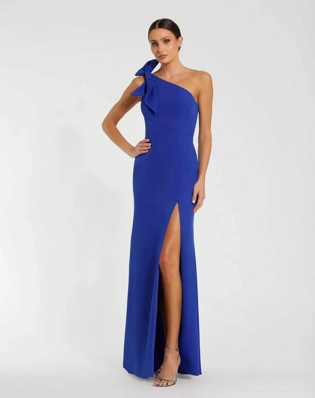 Crepe One Shoulder Fitted Evening Gown With Bow