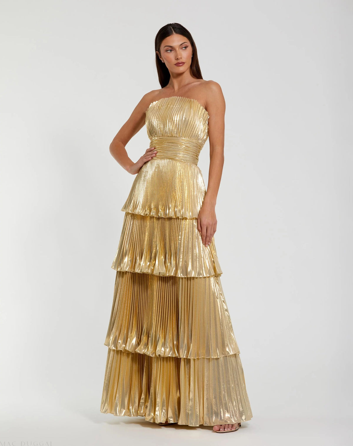 Gold Strapless Pleated Metallic Layered Ruffle Gown